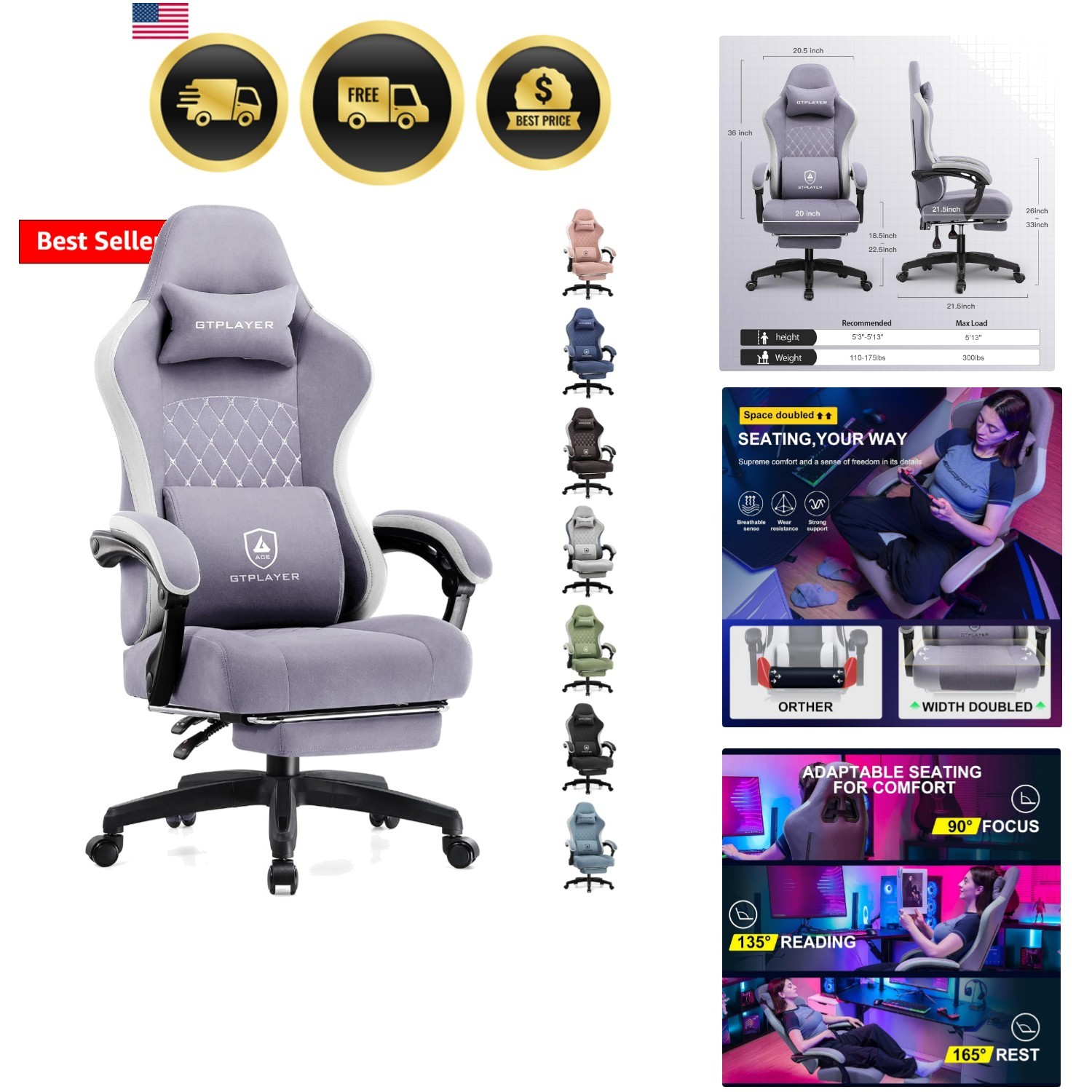 Gaming Chair, Computer Office Chair with Pocket Spring Cushion, Linkage Armre…