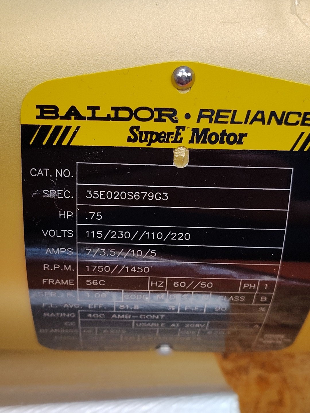 Baldor Reliance Super E Motor 35E020S679G3 .75 HP 1750/1450 RPM PH 1 ABB 115/230