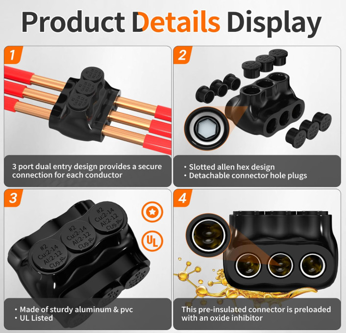 Pack of 5, 3 Port Insulated Multi-Tap Wire Connector 2-14 AWG Dual Entry, 600V.