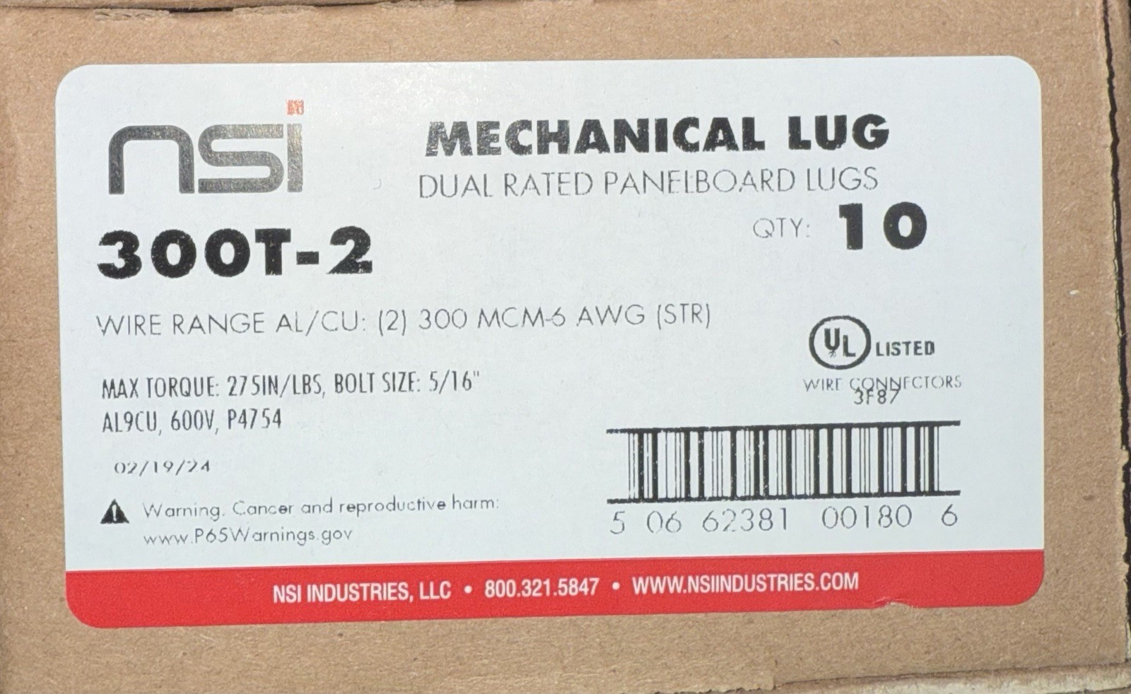 NSI 300T-2 Mechanical Connector 300MCM-6AWG, Dual Rated, lot of 10