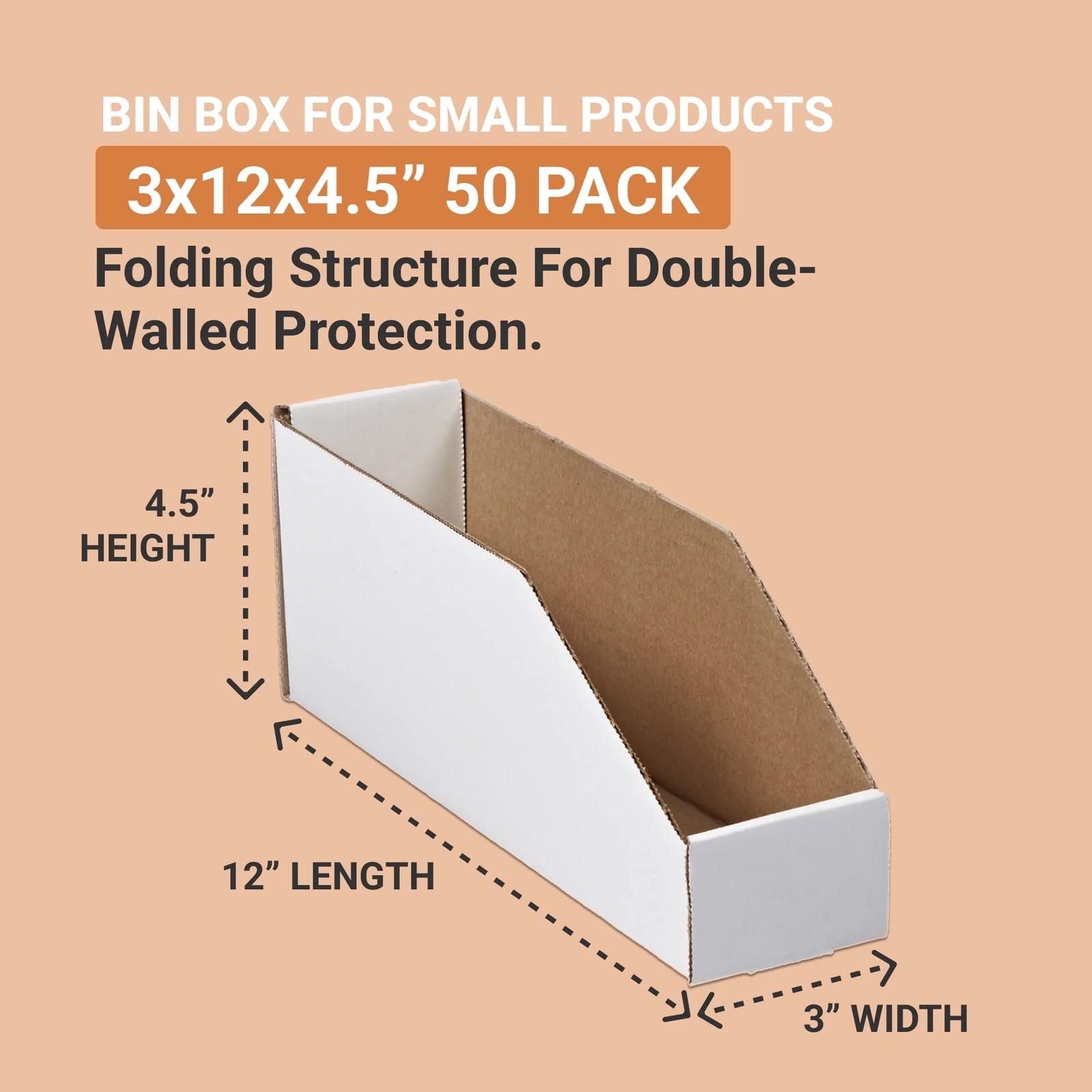 AVIDITI Corrugated Cardboard Storage Bins Holder 3 x 12 x 4 1/2, Oyster White