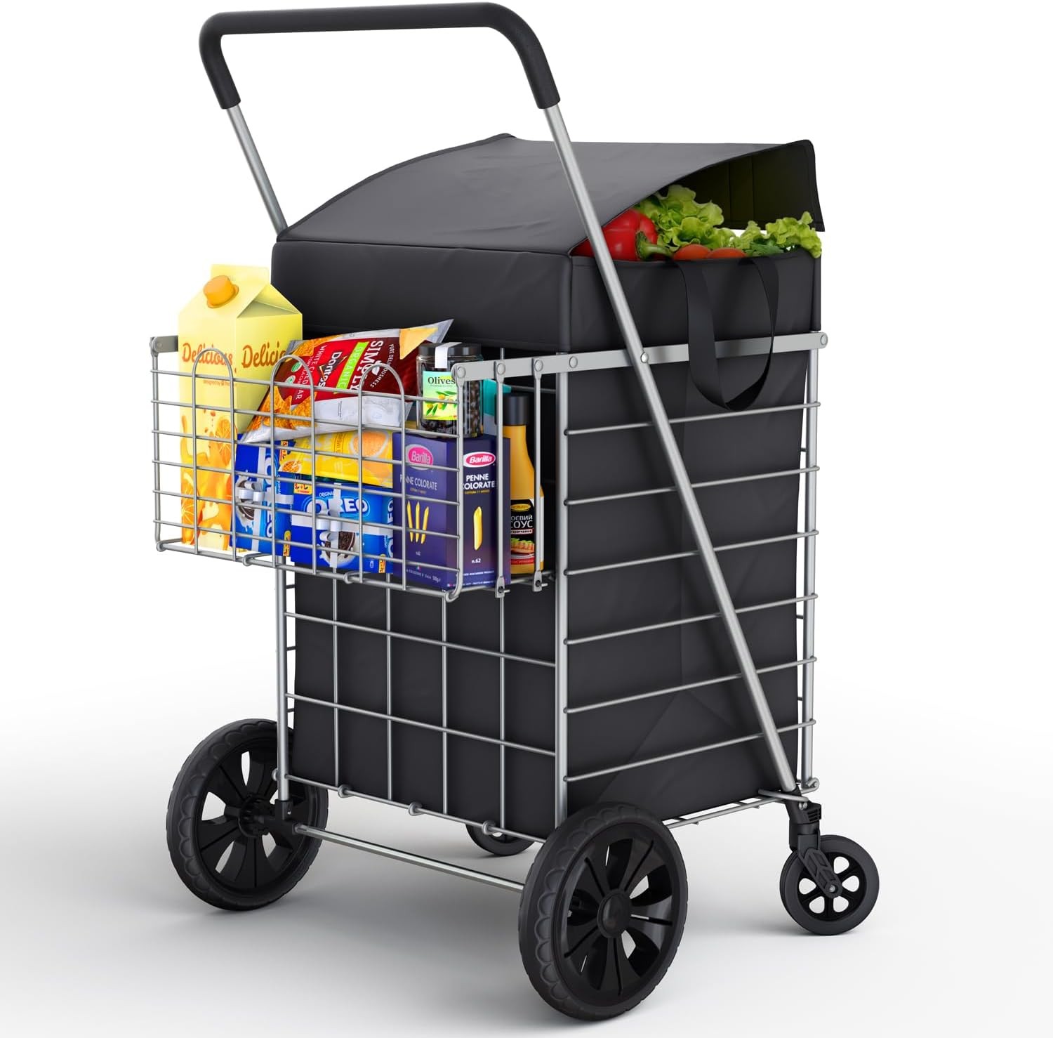 Folding Utility Shopping Cart with Double Basket, Swivel Wheels