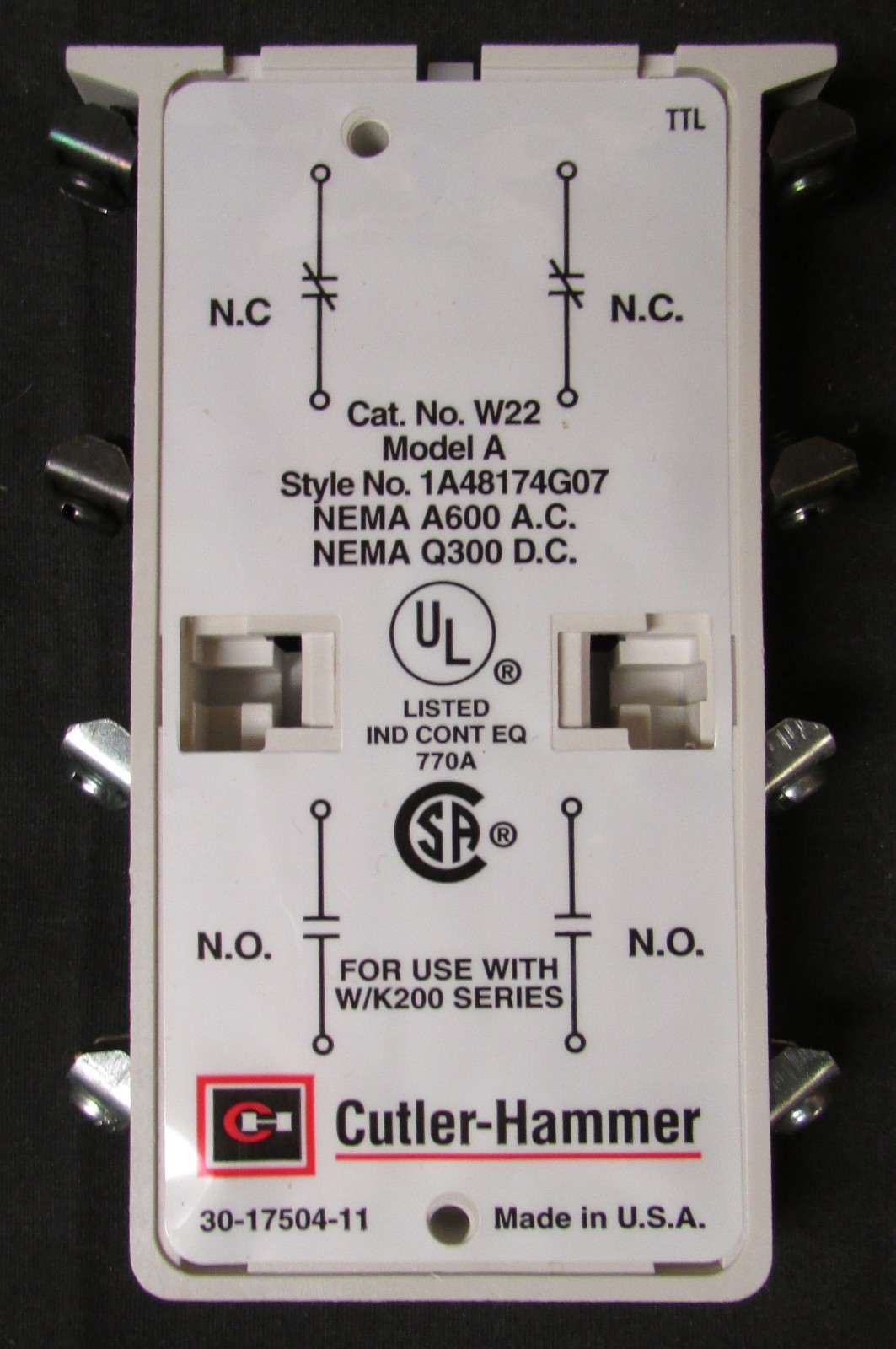 EATON CUTLER HAMMER W22 Advantage Auxiliary Contact 2 NO 2 NC 1A48174G07