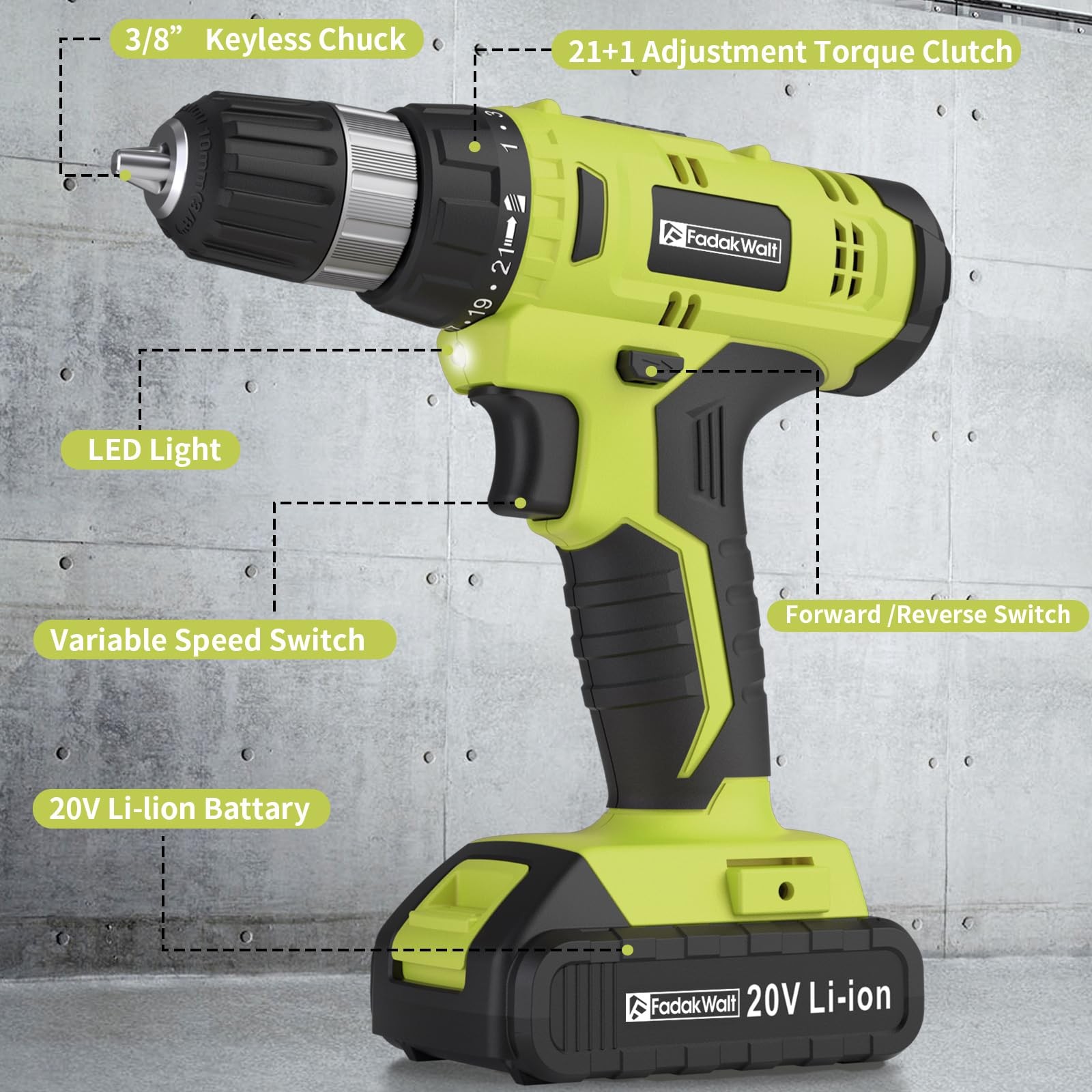 FADAKWALT Cordless Drill Set, 20V Electric Power Drill with Battery And Charger,