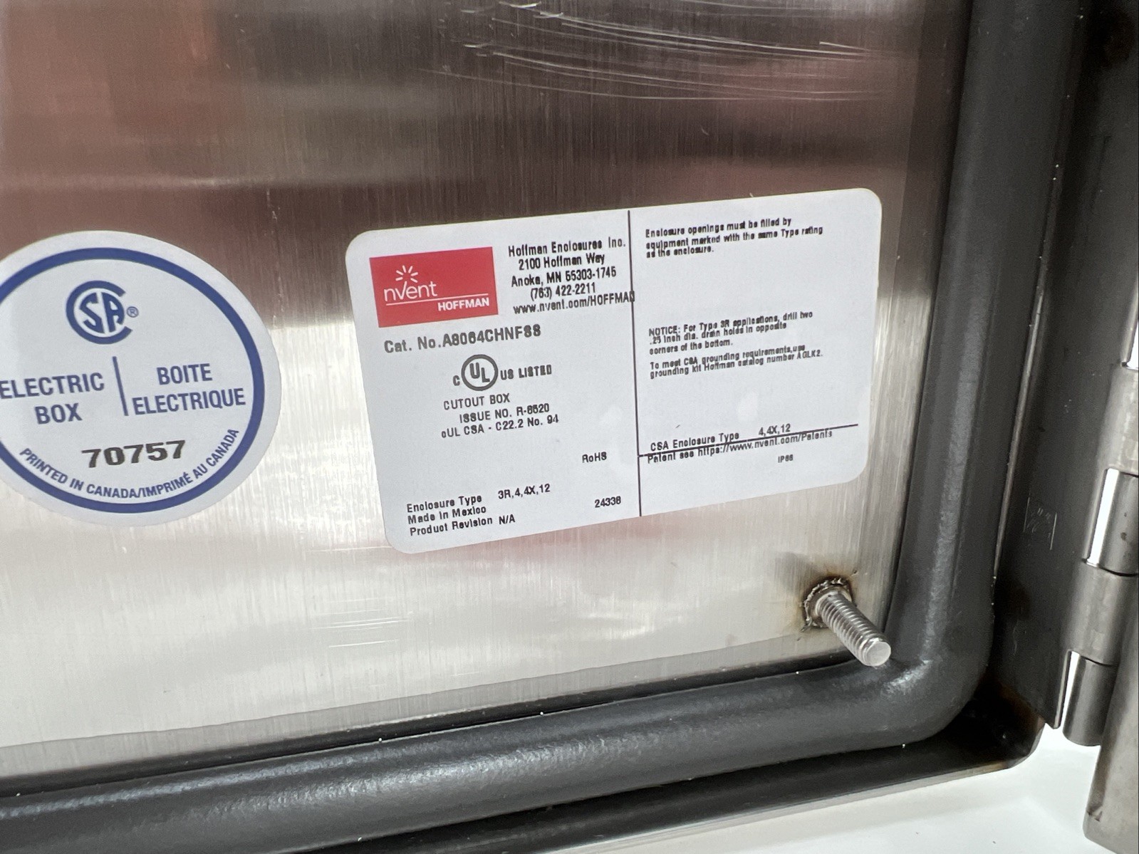 Nvent Hoffman A8064CHNFSS, SS JIC BOX, Type 4X, 8x6x4, Stainless 304, NEMA 3RX