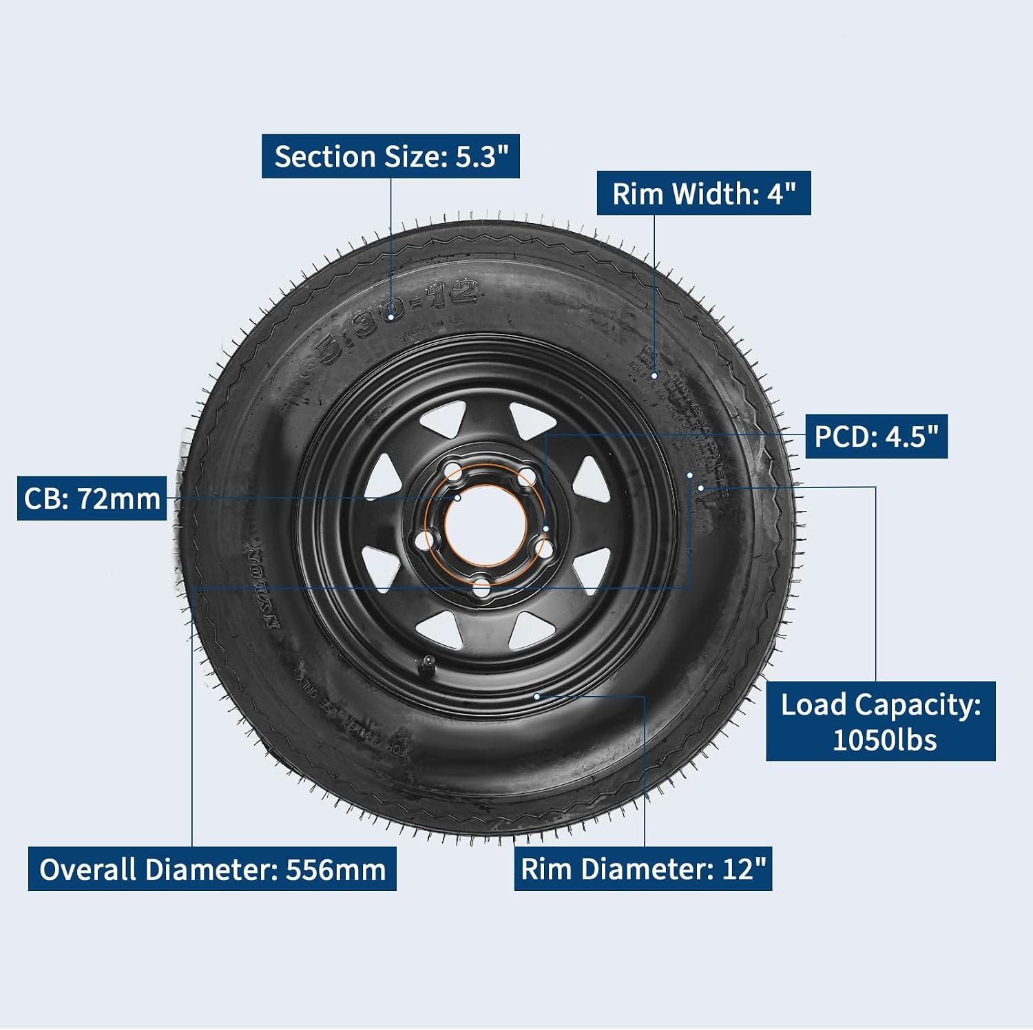 2PCS Trailer Tire On Rim 5.30-12 5 Lug Trailer Tires12In Wheels Load Range C 6PR