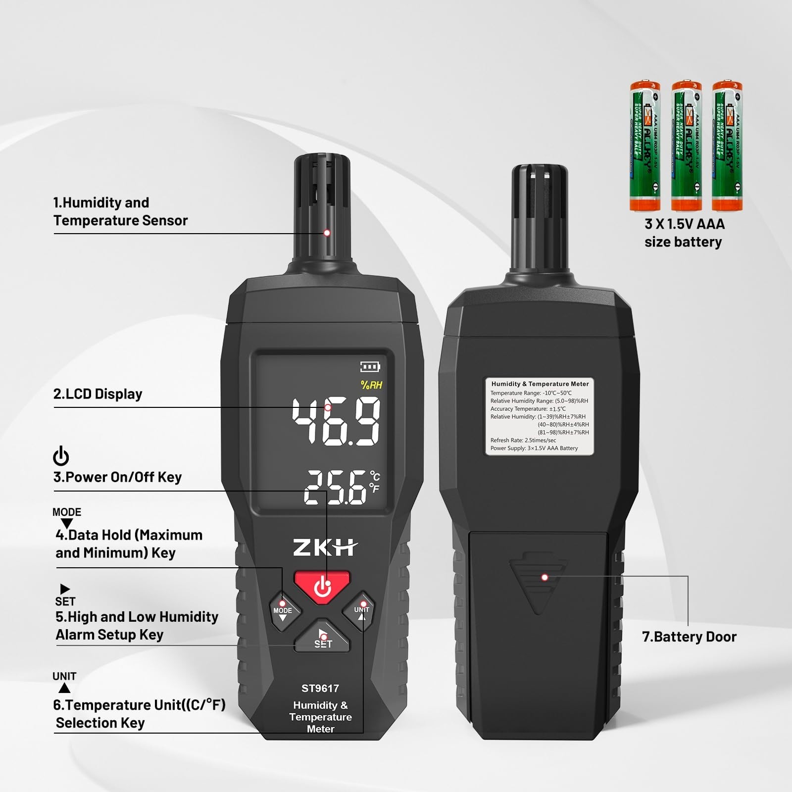 ZKH Temperature Humidity Meter, Digital Thermometer Hygrometer with Alarm Fun…