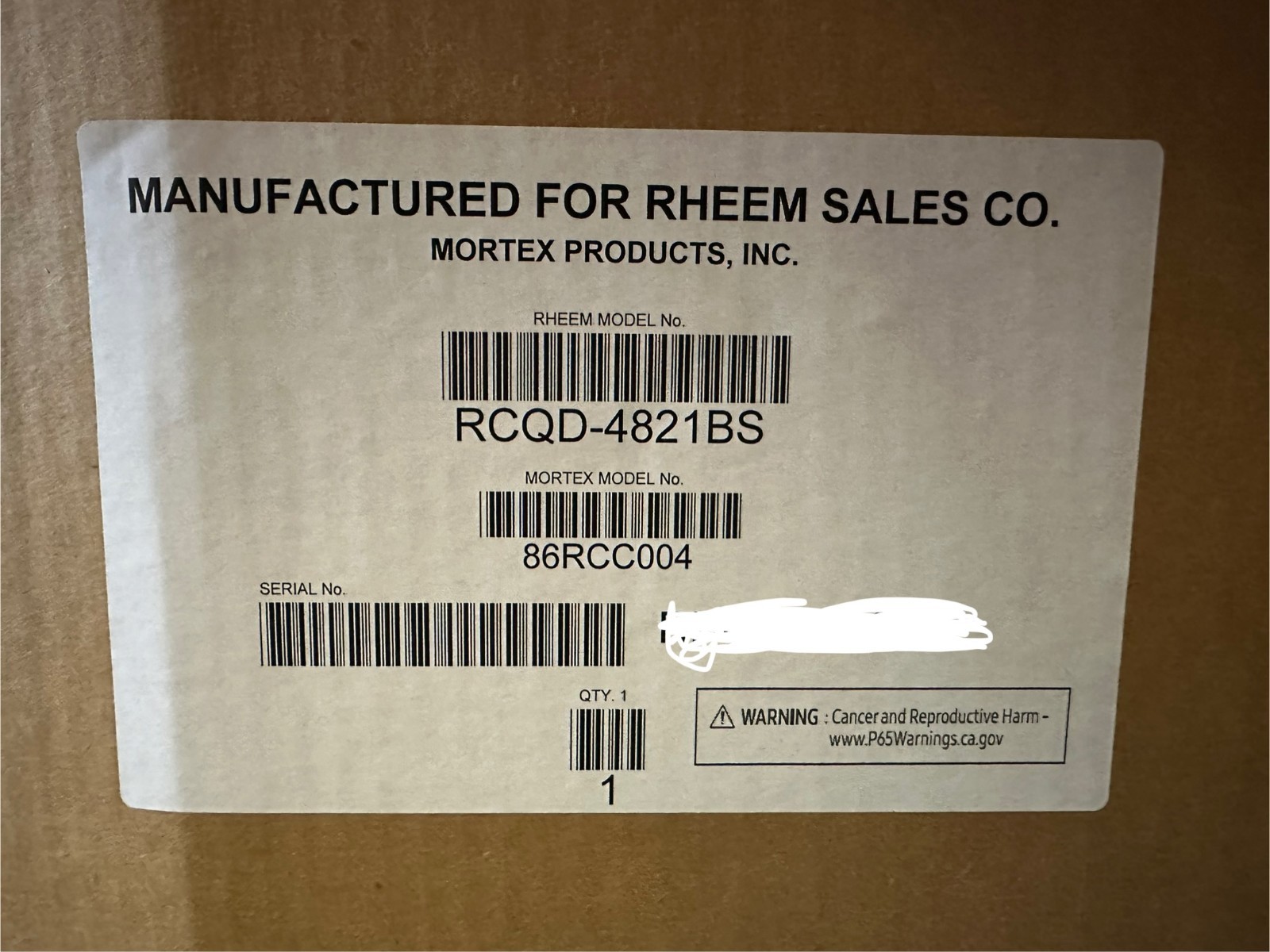 RHEEM RCQD-4821BS / RUUD RCQD4821BS / MORTEX 86RCC004 (BRAND NEW)