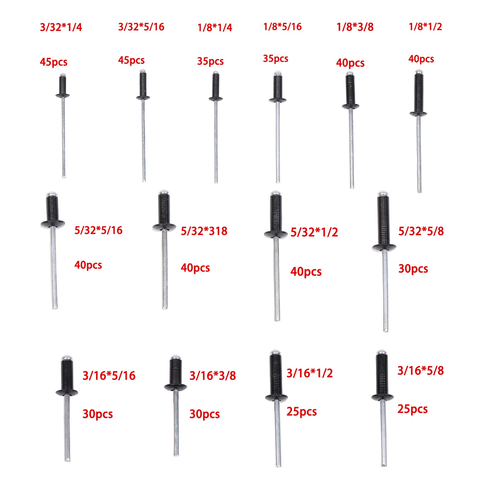 500 sets of rivet kits 3/32″ 1/8″ 5/32″ 3/16″ With 14 Standard Sizes W/ a Box