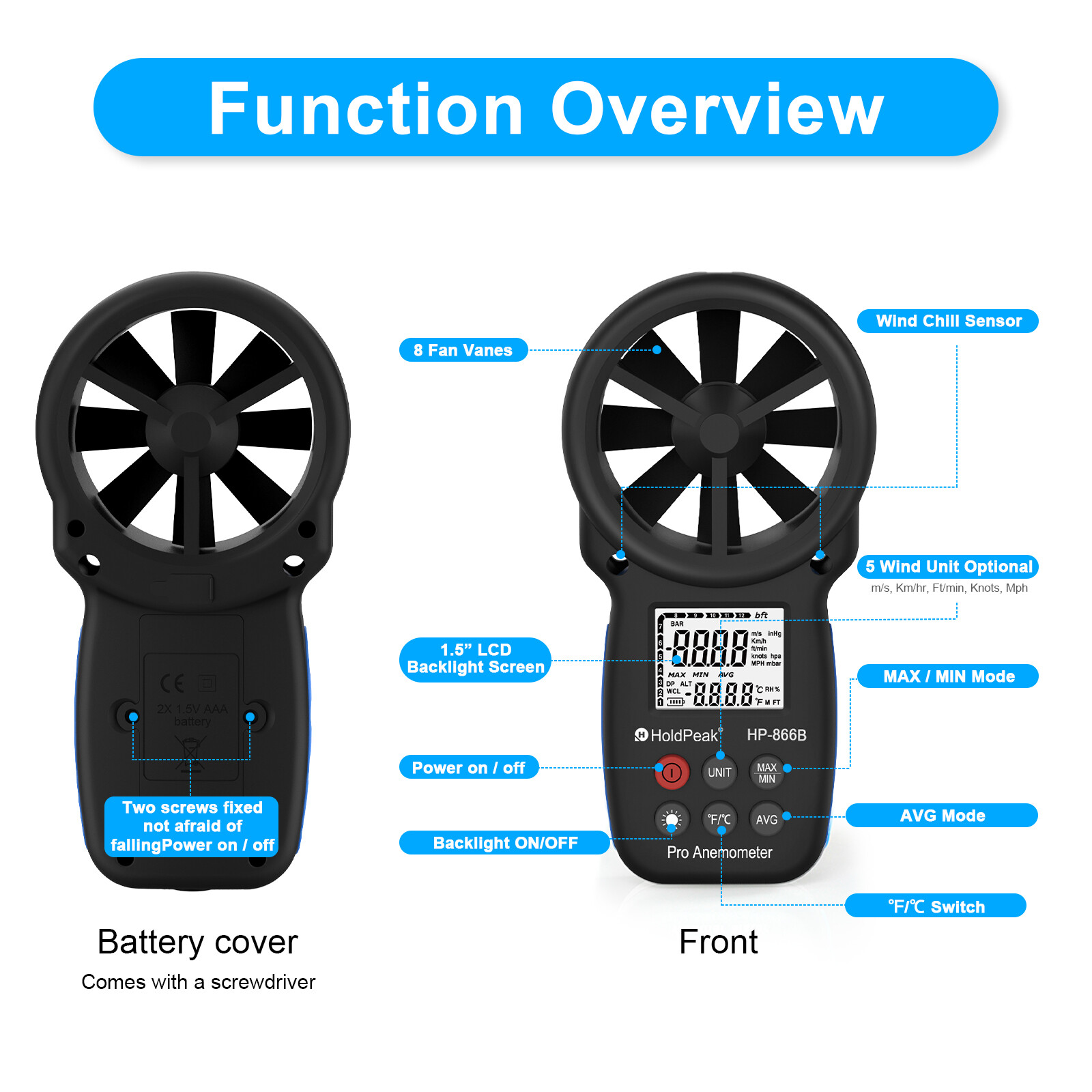 HoldPeak Wind Speed Meter Handheld Anemometer Air Flow MAX/MIN/AVG Temperatur