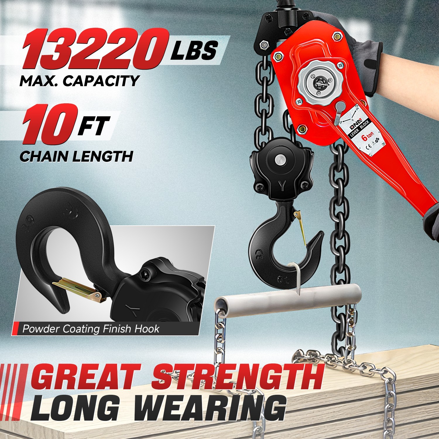 6T/13200lbs 10Ft Lifter Alloy Steel Lever Block G80 Chain Ratchet Hoist w/ Hook
