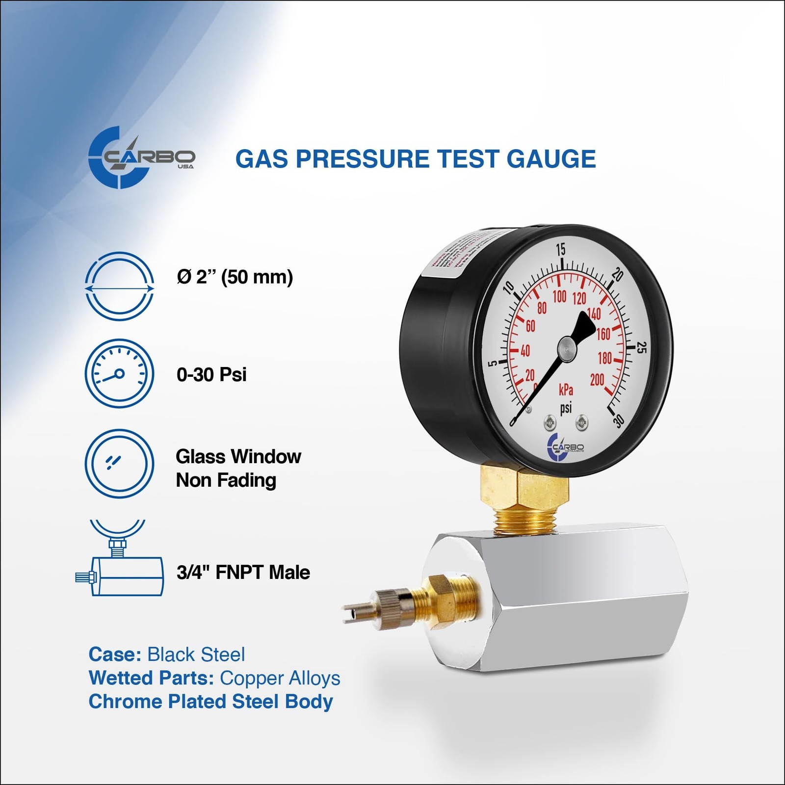 CARBO Instruments Gas Test Pressure Gauge 30 Pound, 30 PSI / 200 kPa, 3/4”