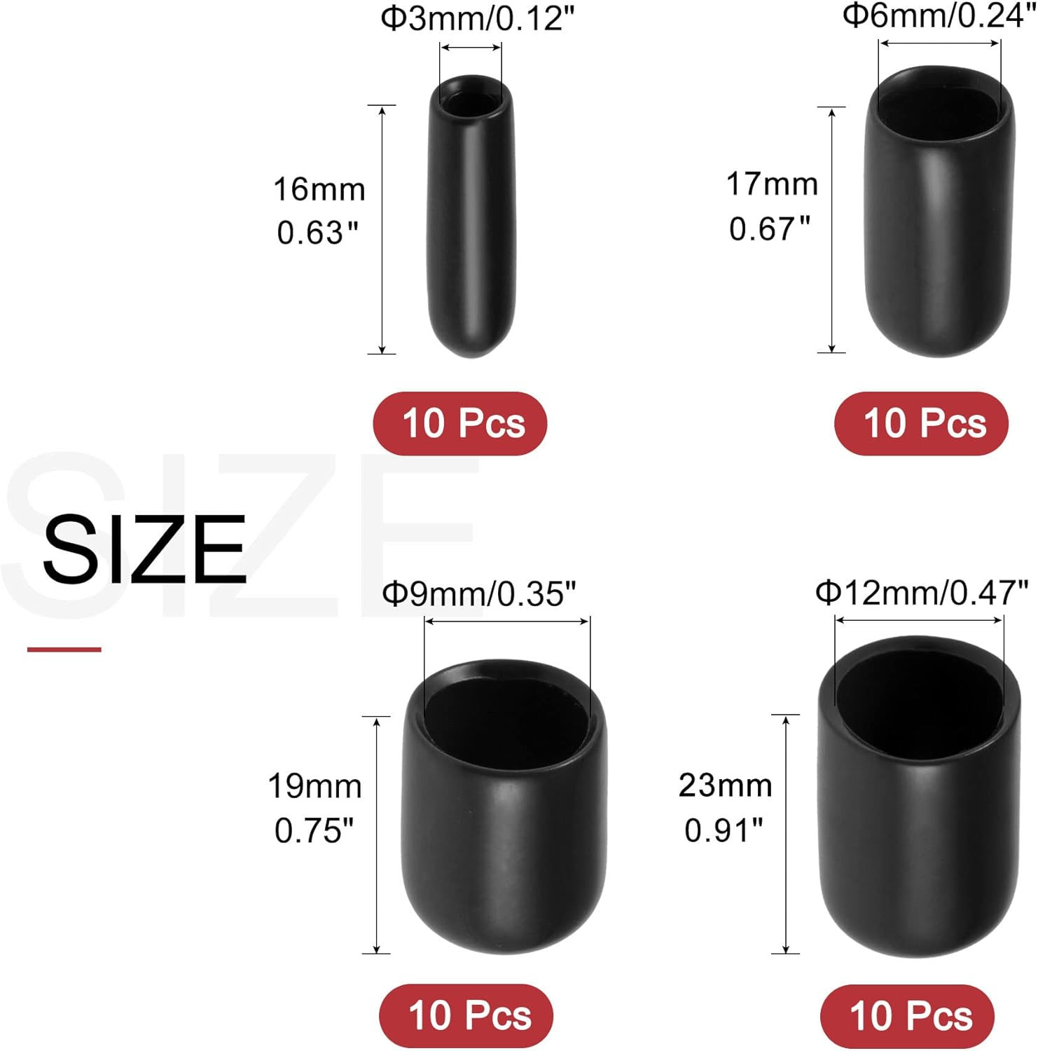 40Pcs round Rubber End Caps 1/8″ 1/4″ 3/8″ 1/2″ Black Vinyl Cover Screw Thread P
