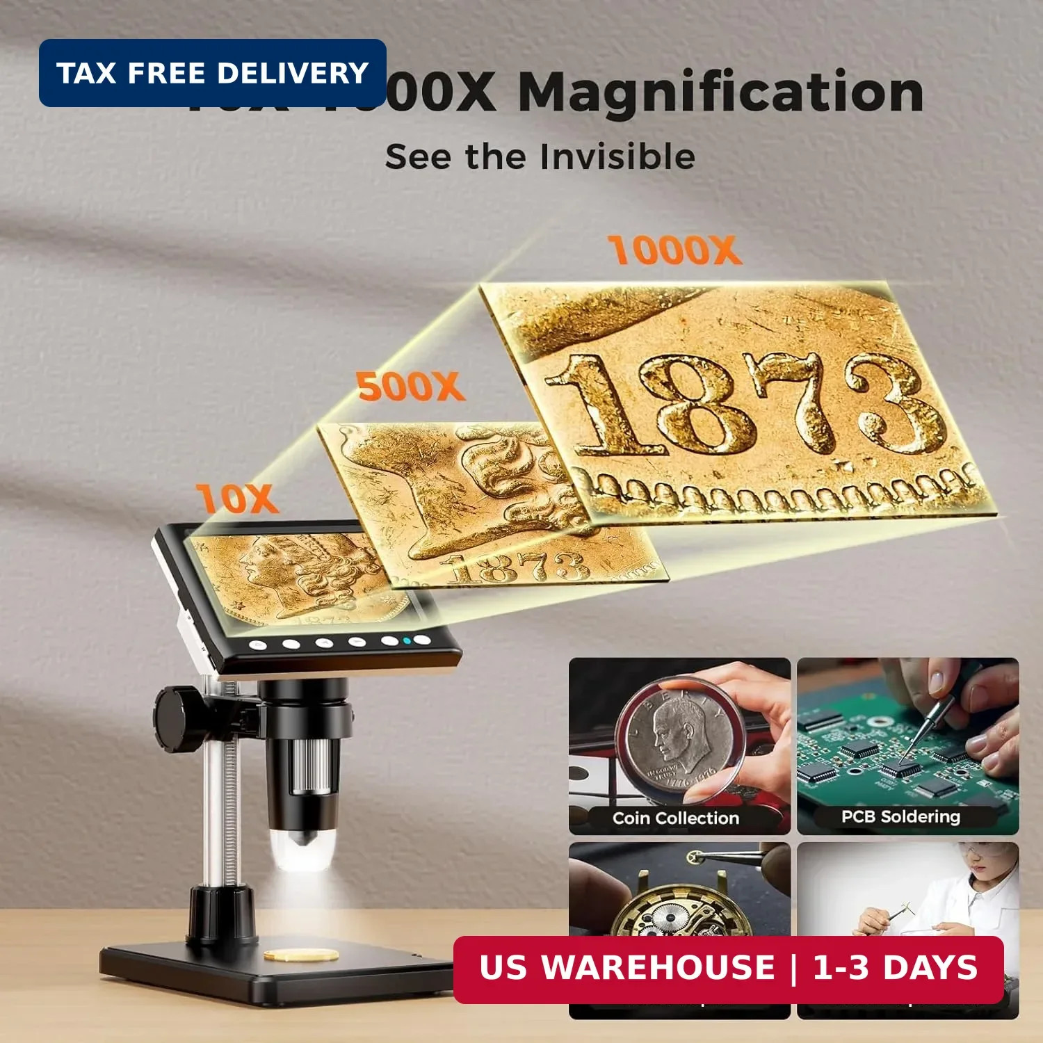 4.3 Inch LCD Digital Coin Microscope, 1000X USB Magnifier with 8 Adjustable LED