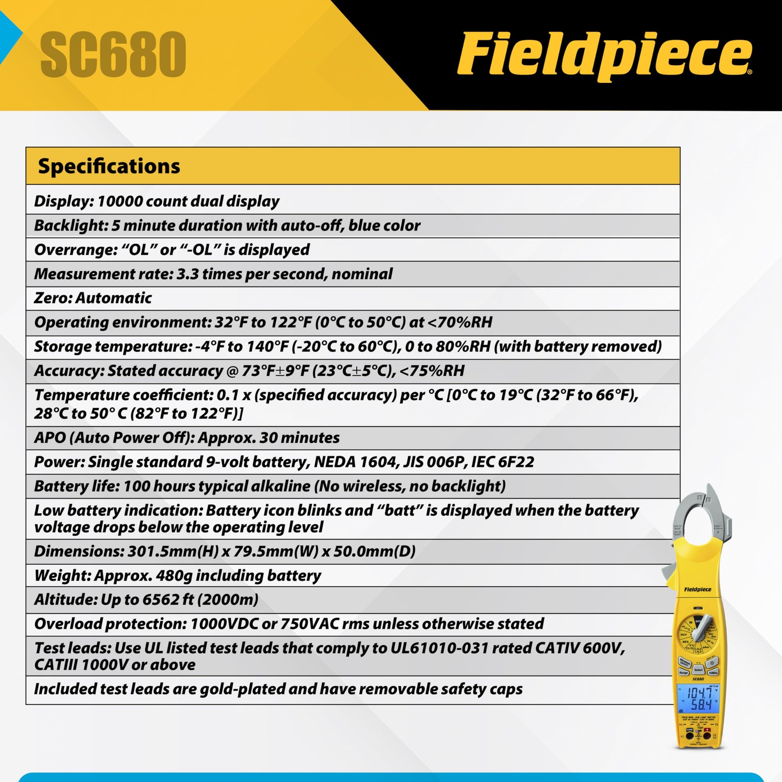 Fieldpiece SC680 Clamp Meter – Wireless Power 4 x 18.5 x 3.5 inches, Yellow