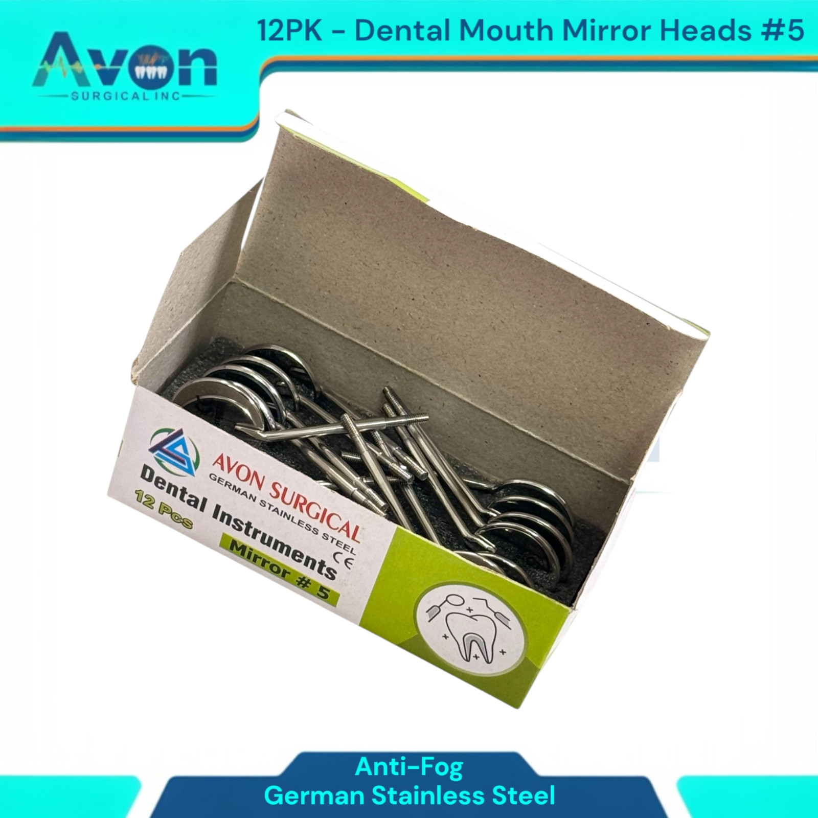 Dental Mouth Mirror Heads #5, Anti-Fog, Cone Socket | Stainless Steel (12PK)