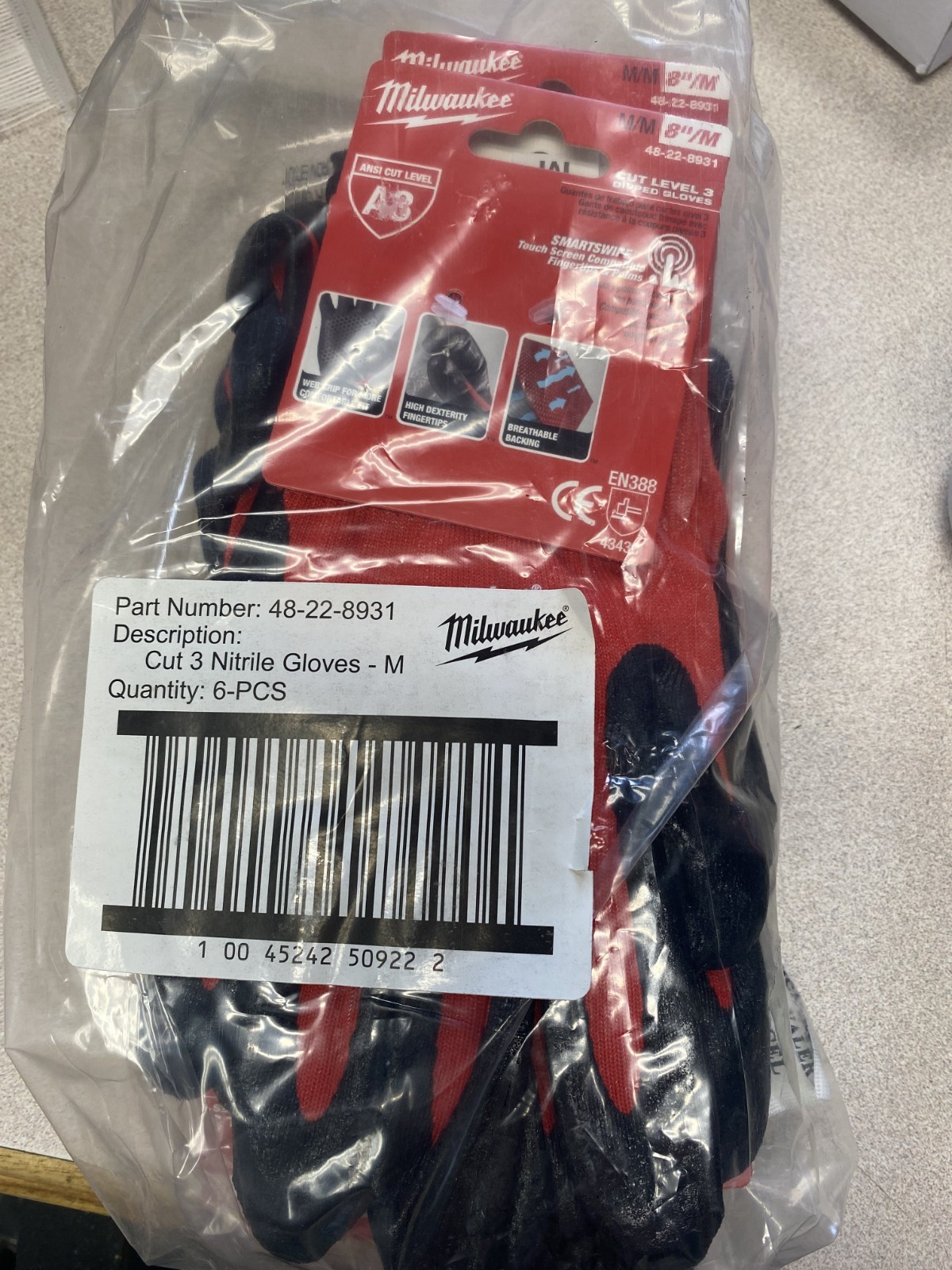 Milwaukee 48-22-8934 Cut Level 3 Dipped Work Gloves – 8″/M – Pack of 6