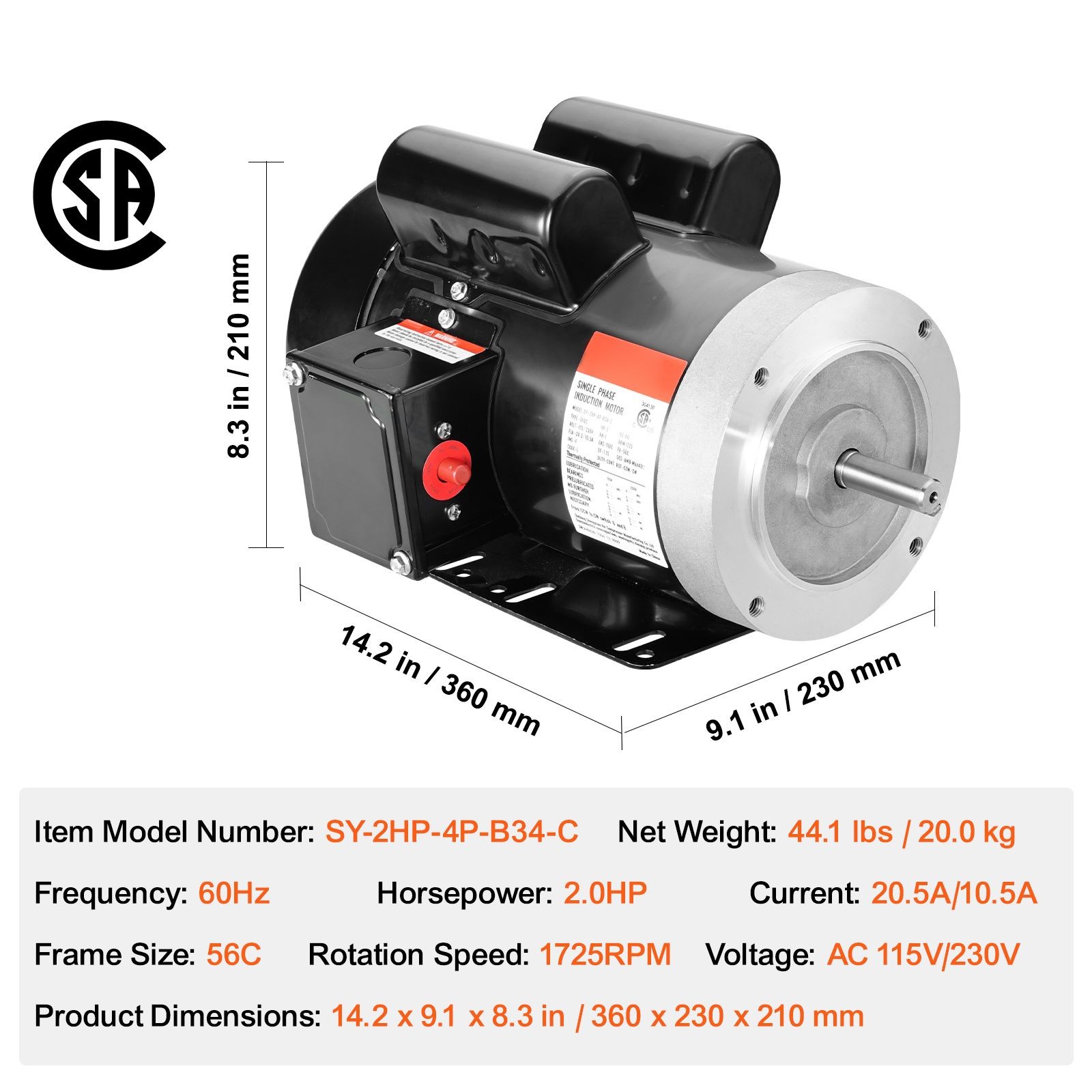 2HP Electric Motor 1725 rpm, AC 115V/ 230V, 56C Frame, Air Compressor Motor