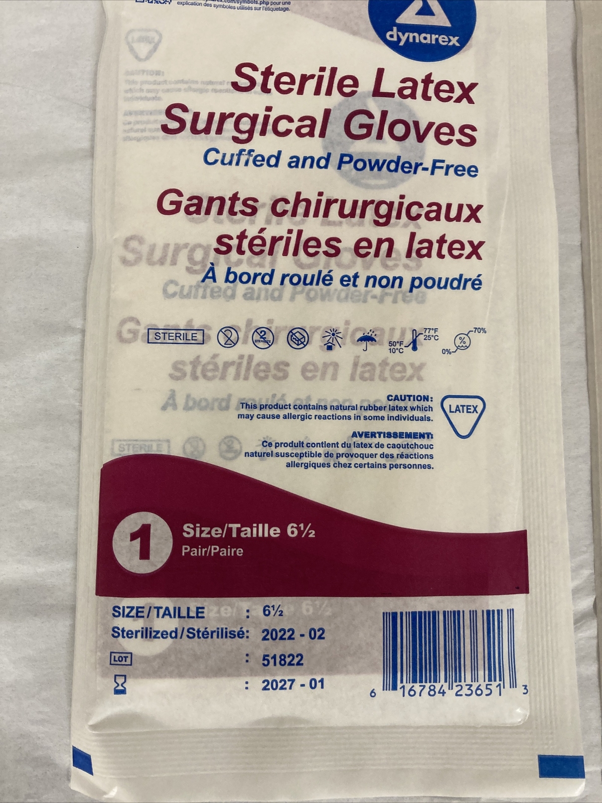 Dynarex #2365 Sterile Latex Surgical Gloves, Size 6.5 – lot of 2 pairs