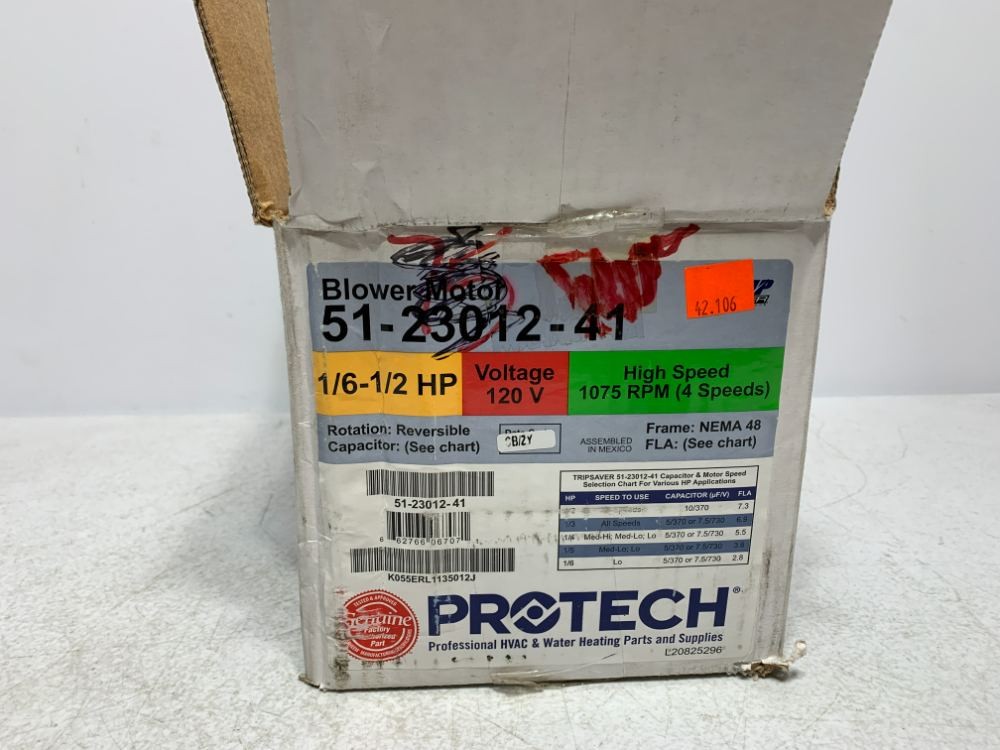Protech 51-23012-41 Blower Motor 1/6-1/2 HP 120V 1075 RPM 4-Speed