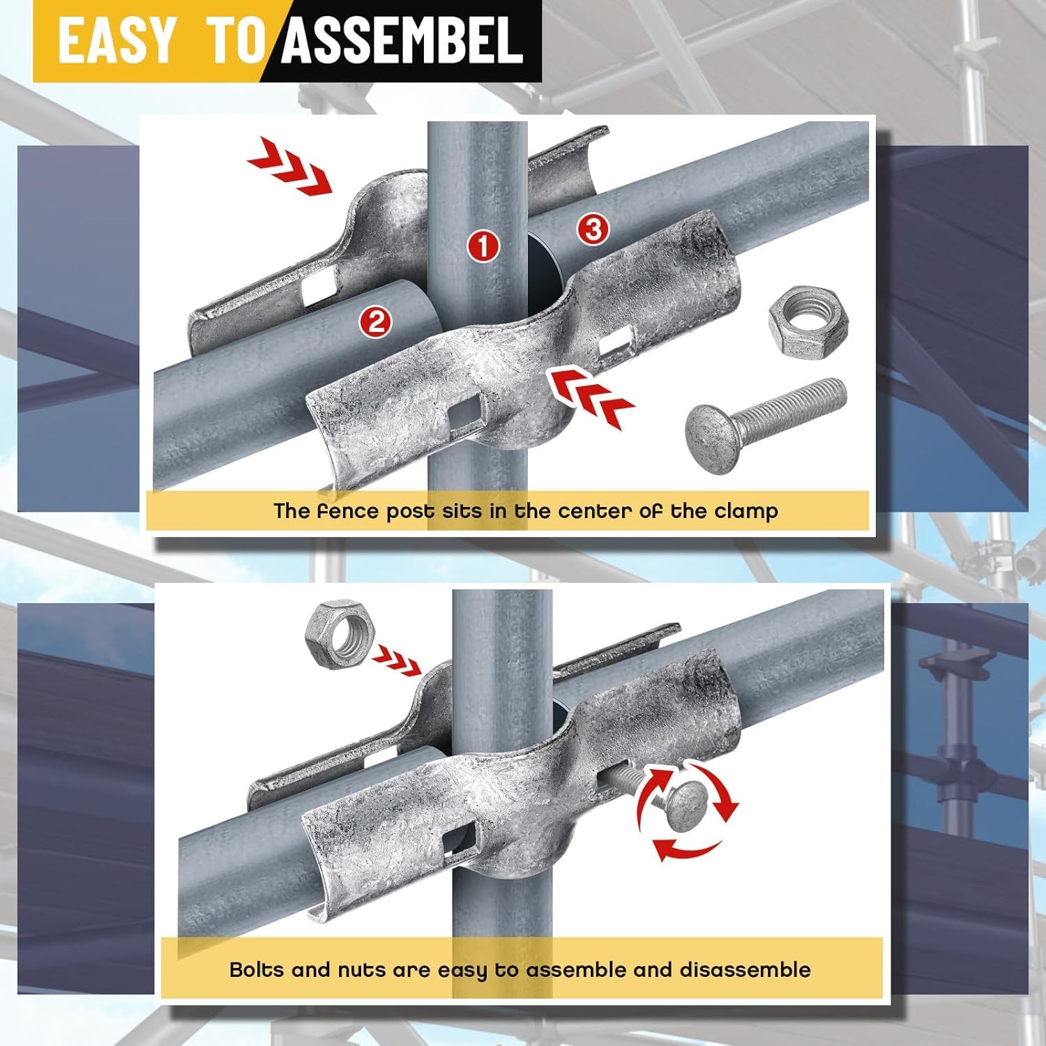 6 Pack 1-5/8″ Line Rail Clamp for Chain Link Fence, 1-5/8, Silver