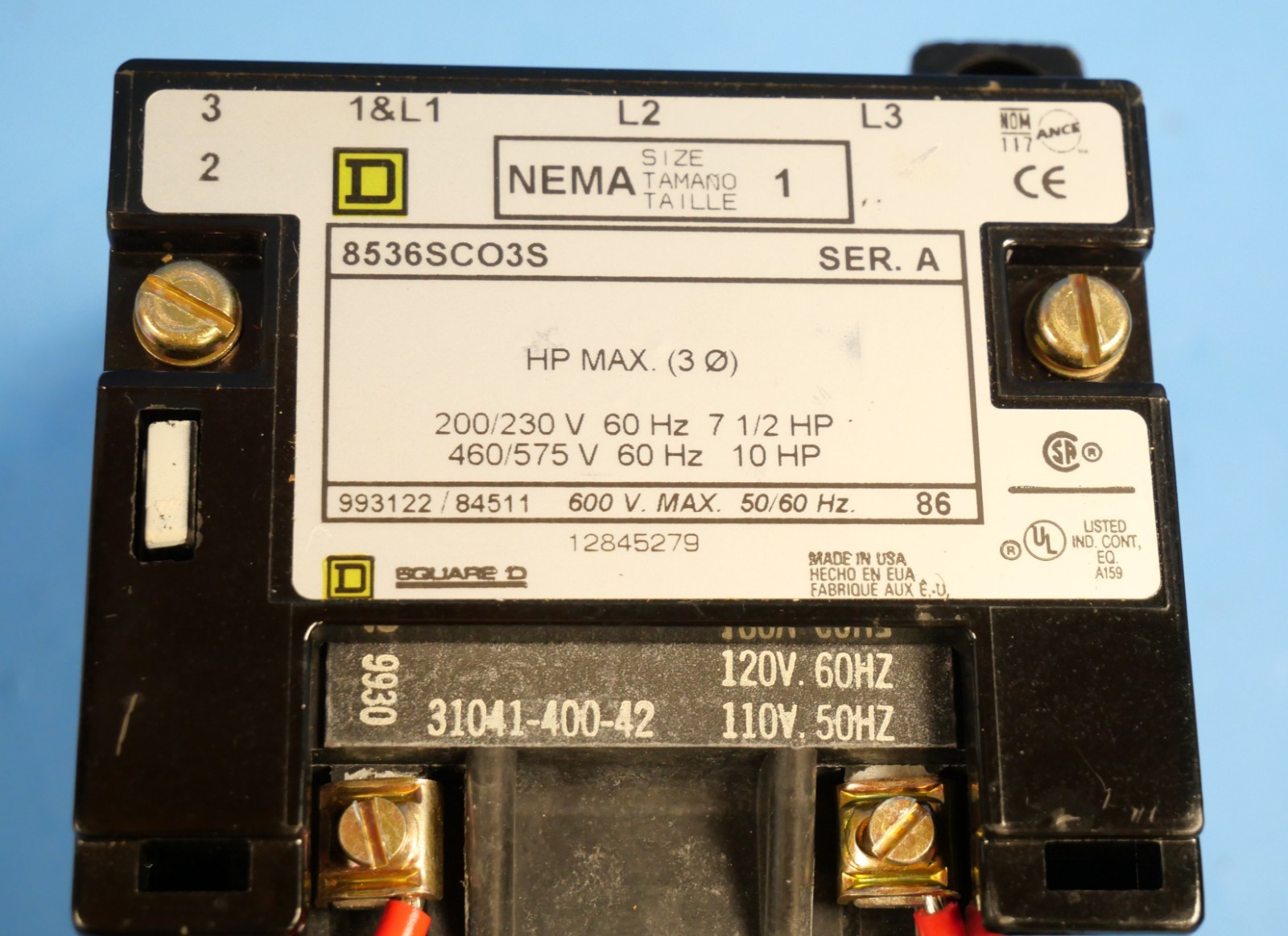 Square D Nema Size 1 Starter 6536SCO3S Series A 120 Volt Coil 6536 SCO3S