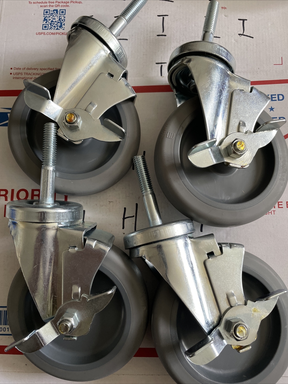 4X Caster 5”x 1-1/4″ Polyurethane Wheel With 2.75 Inch Stem Caster with Brake