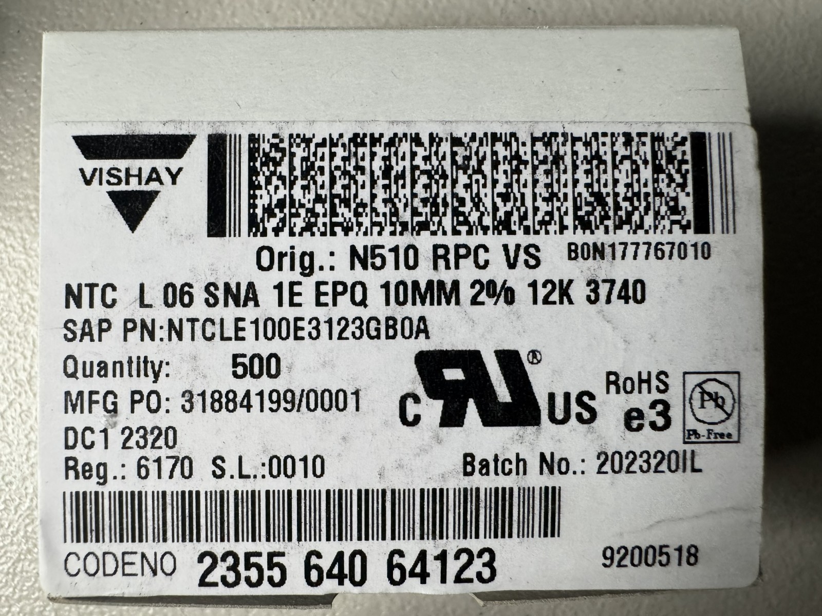500X NTCLE100E3123GB0A VISHAY NTC Thermistor 12 kΩ ±2% B=3740 Box of 500 pcs