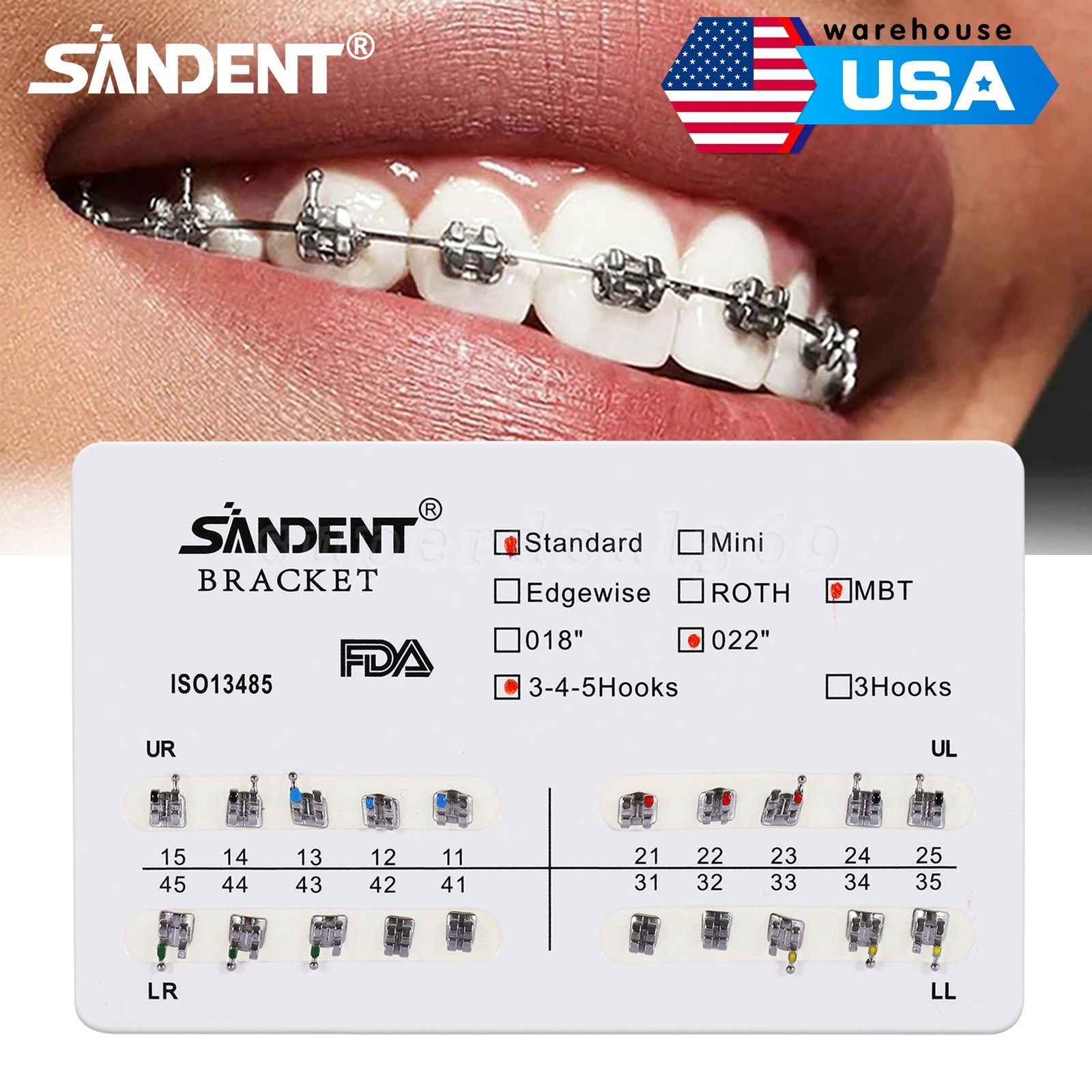 10 kits Dental Orthodontic Braces Brackets Standard MBT 022″Slot 345 Hooks YBB