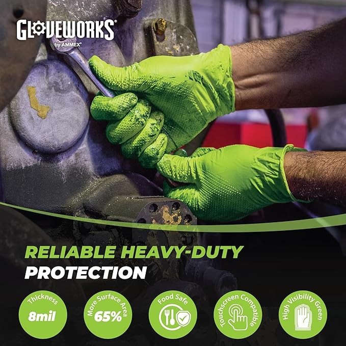 GLOVEWORKS 8 mil Disposable HD Nitrile Gloves, Pack of 100, Large, Green
