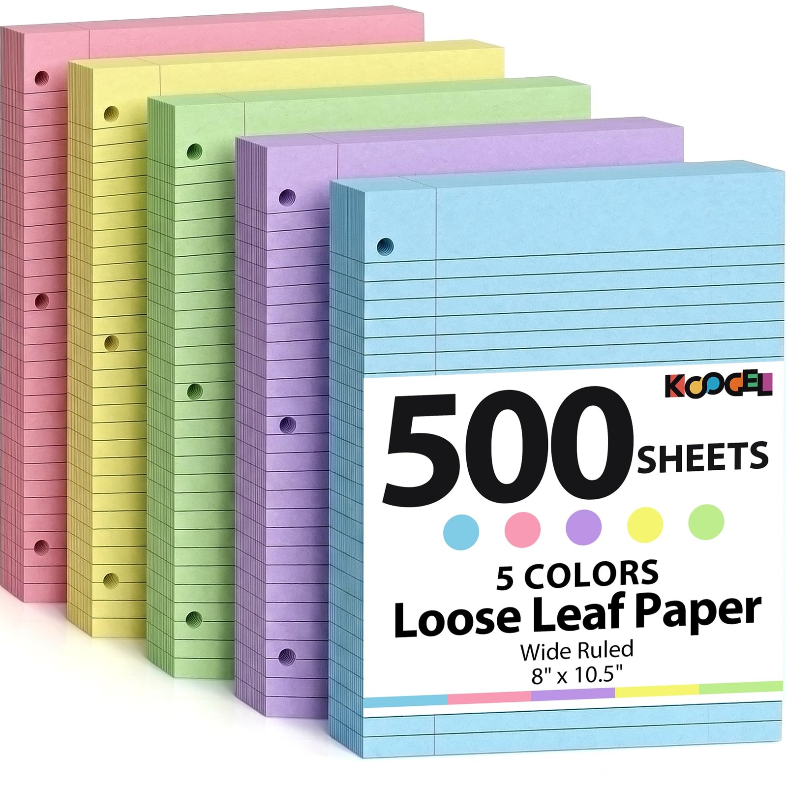 500 Sheets Colored Filler Paper, 5 Colors 8 x 10-1/2 Inch Wide Ruled, 3-Hole …