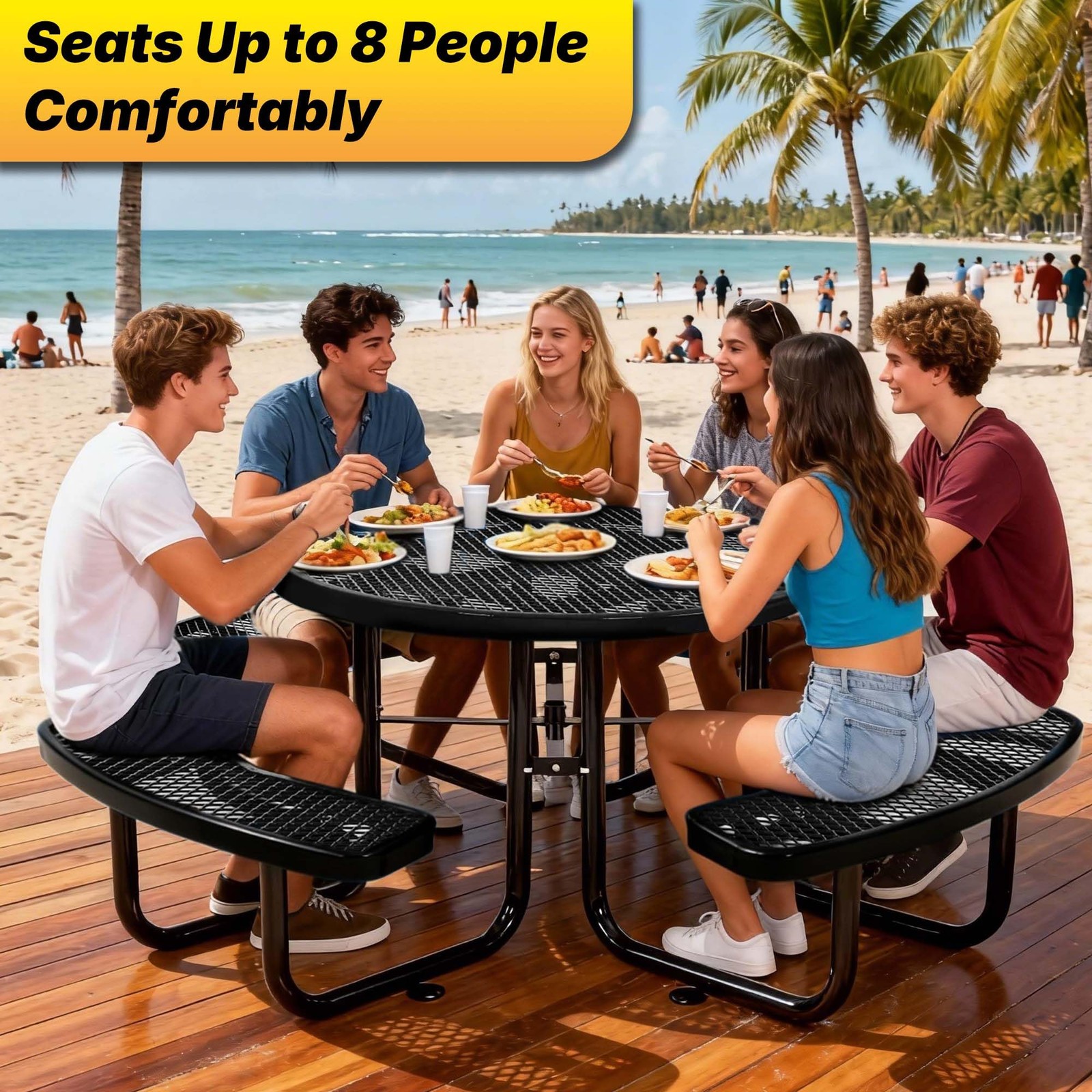 LAUCO 46-Inch Round Metal Picnic Table with Attached Benches, Black 1000 lb