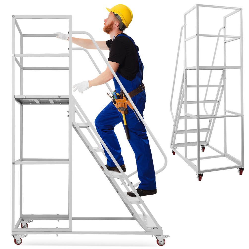 6 Step Rolling Warehouse Step Ladder, Movable Platform Ladder with Locking Wheel