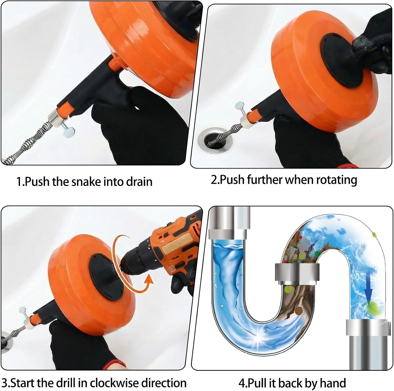 50 Ft Drain Auger,Use Manually or Drill Powered 50 Foot Drain Snake,Heavy Duty F