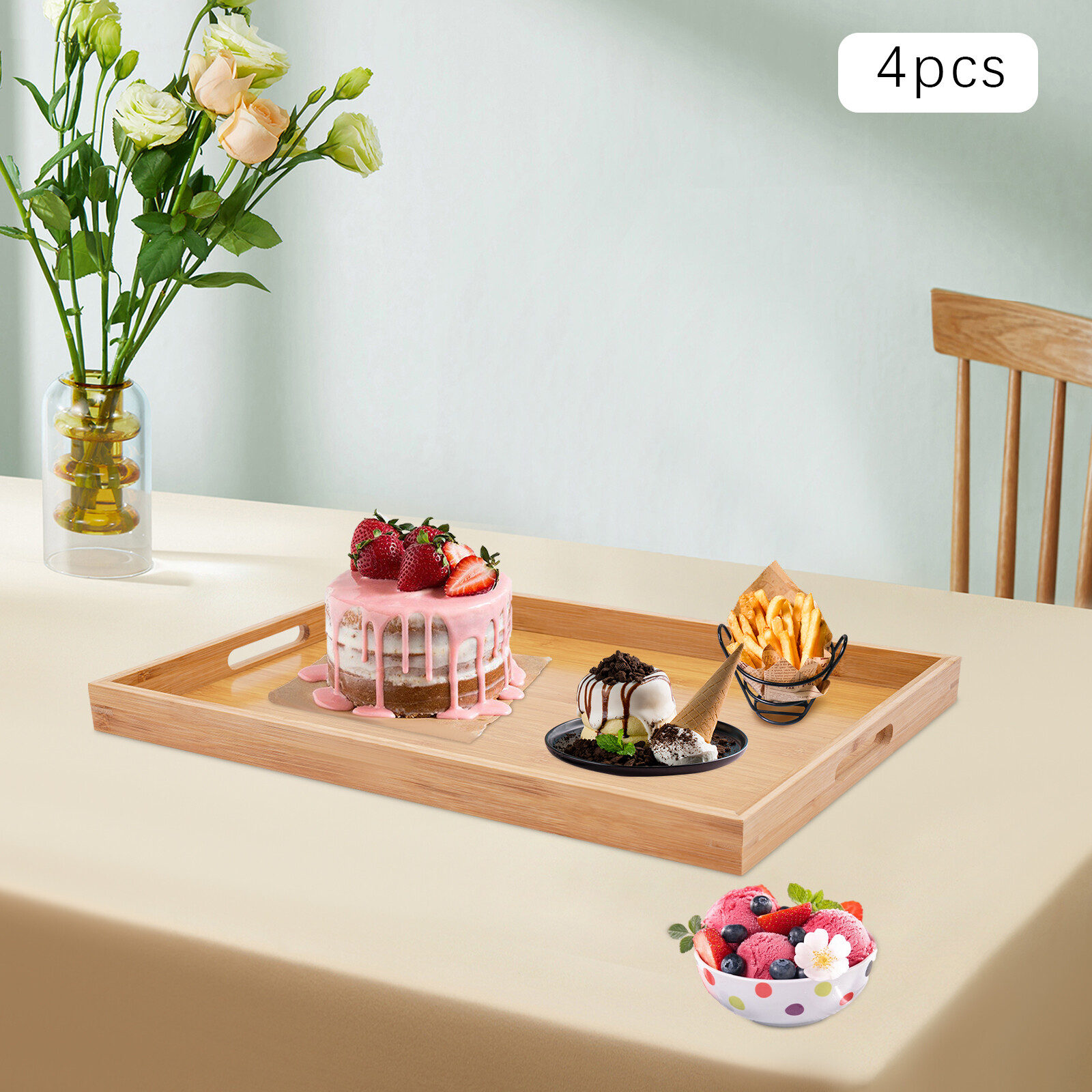 Bamboo Serving Trays 4-Piece Set Rectangular 18.1 × 13 × 1.4 In Log Color