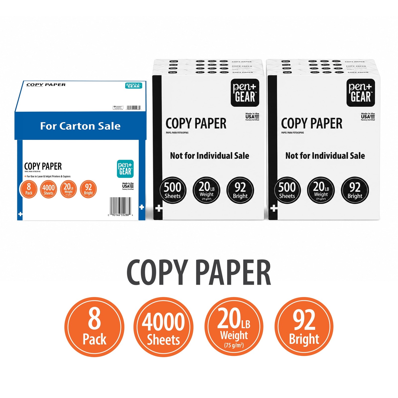 Copy Paper, 8.5″ x 11″, 92 Bright, 20 lb., White, 8 Ream Case (4,000 Sheets)