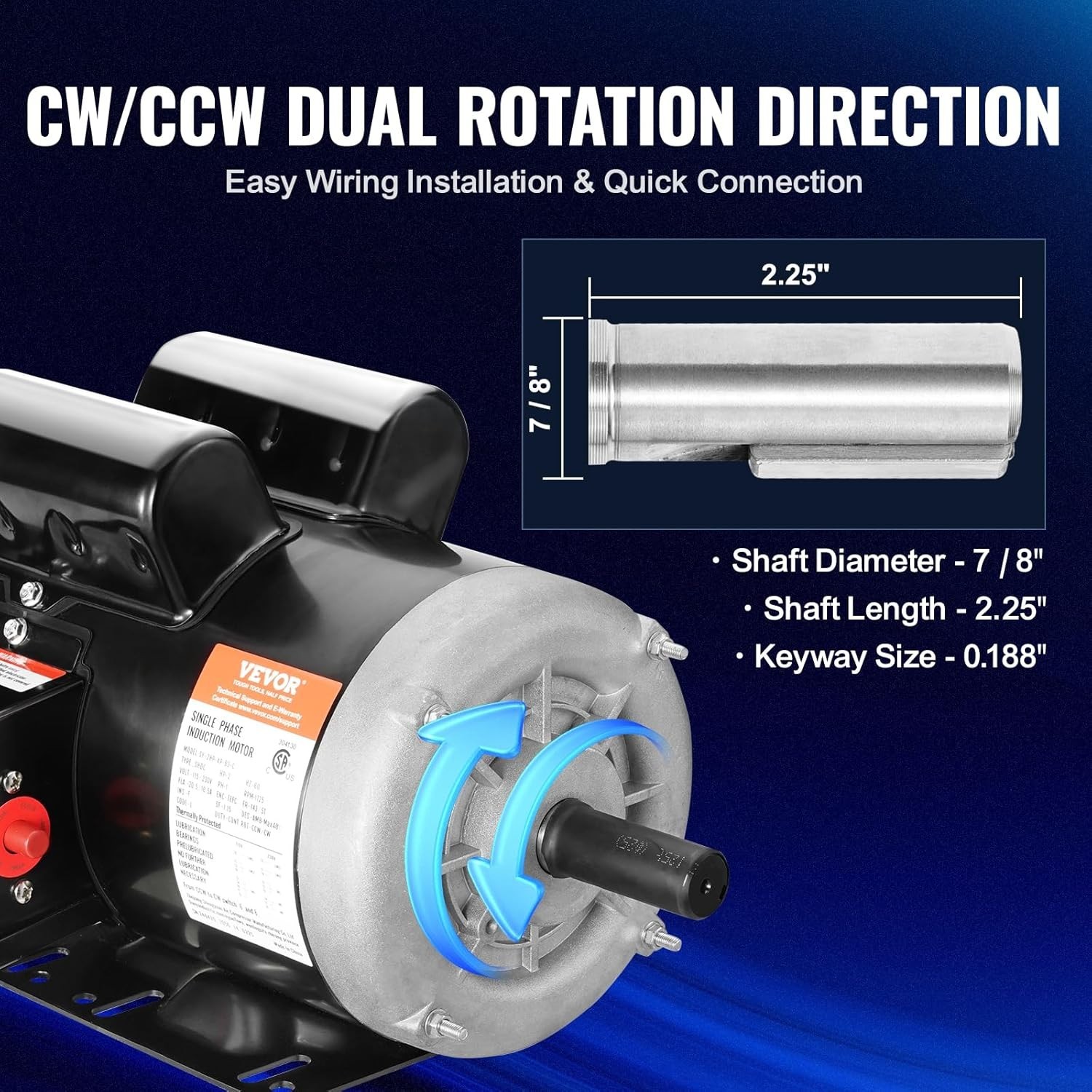 2HP Electric Motor 1725 RPM AC 115V/230V 143/5T Frame CW/CCW Rotation