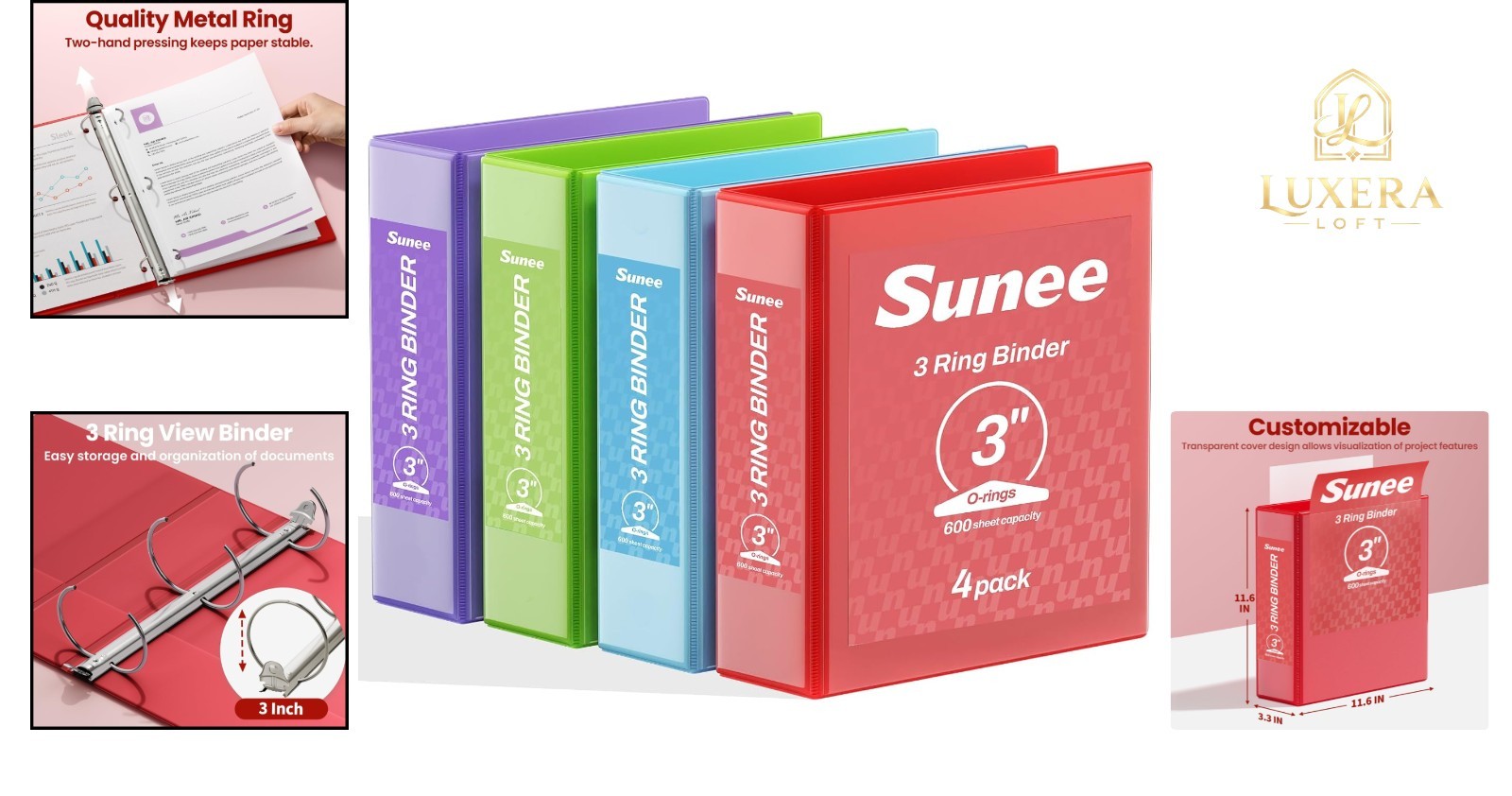 4 Pack 3 Inch Plastic Ring Binders Classic 4-Color 8.5×11 Office School