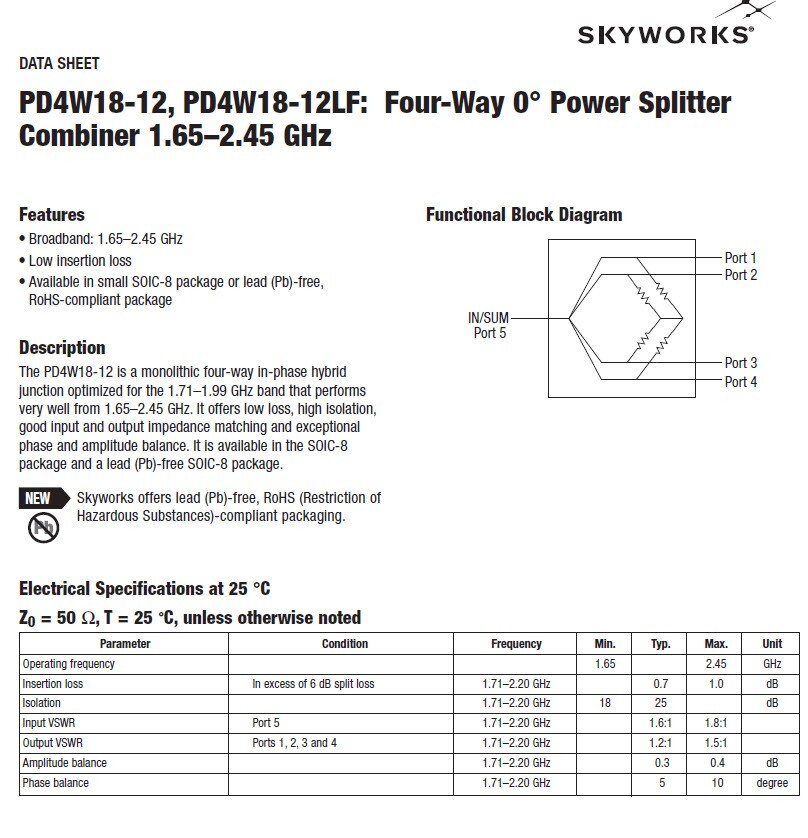 5pcs Skyworks PD4W18-12LF: 1.71-1.99 GHz Four-Way 0° Power Splitter/Combiner