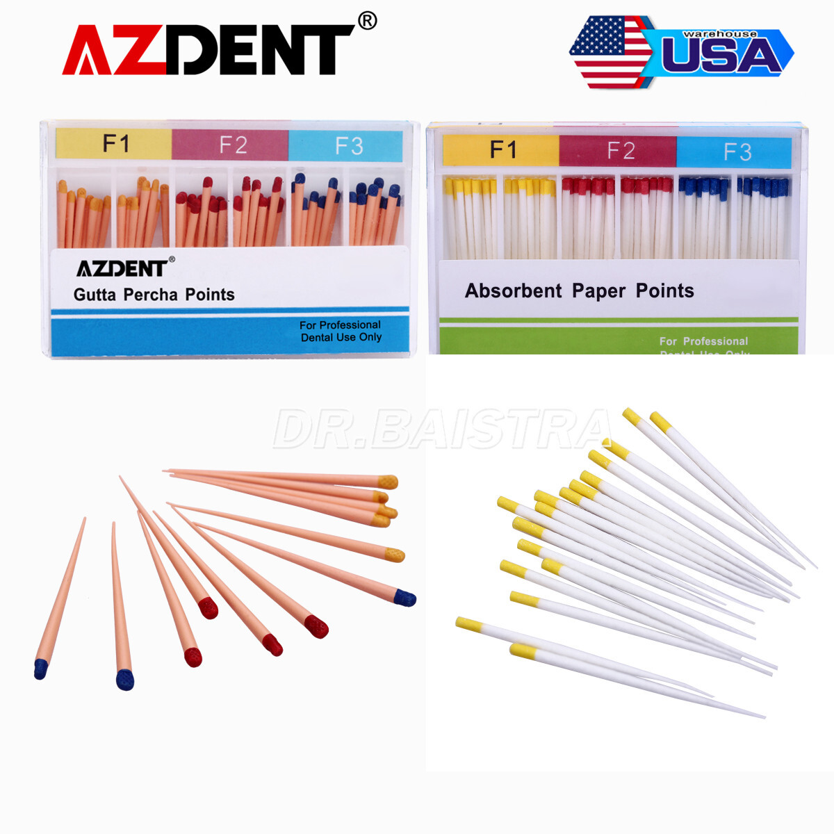 AZDENT Dental Endo Gutta Percha Point/Root Canal Absorbent Paper Points F1 F2 F3