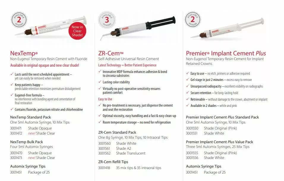 Premier Dental NexTemp CLEAR Temporary Resin Cement-5ml Automix Syringe + 5 Tips