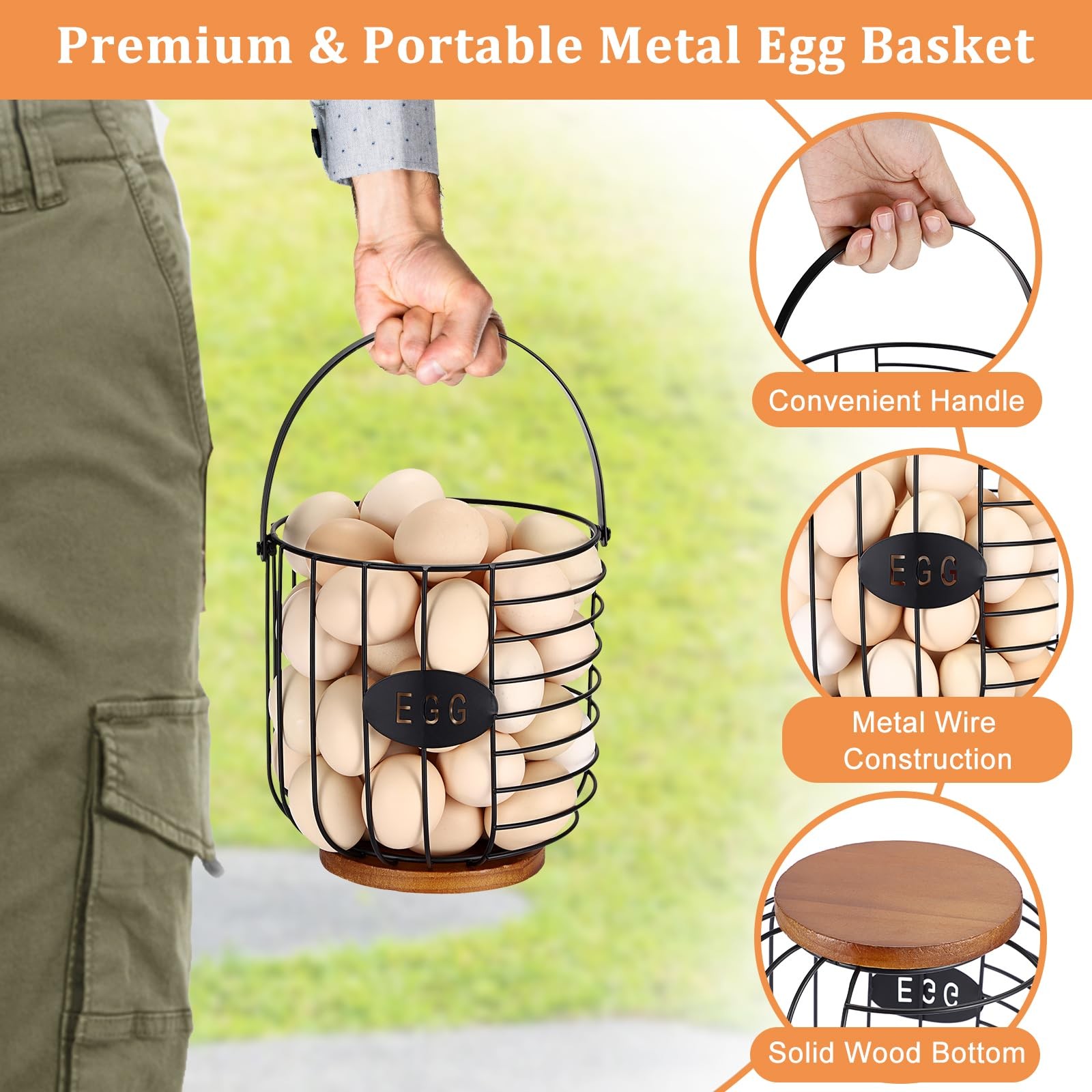 6.5» Farmhouse Egg Basket for Gathering Fresh Eggs, Metal Egg Holder Counter…