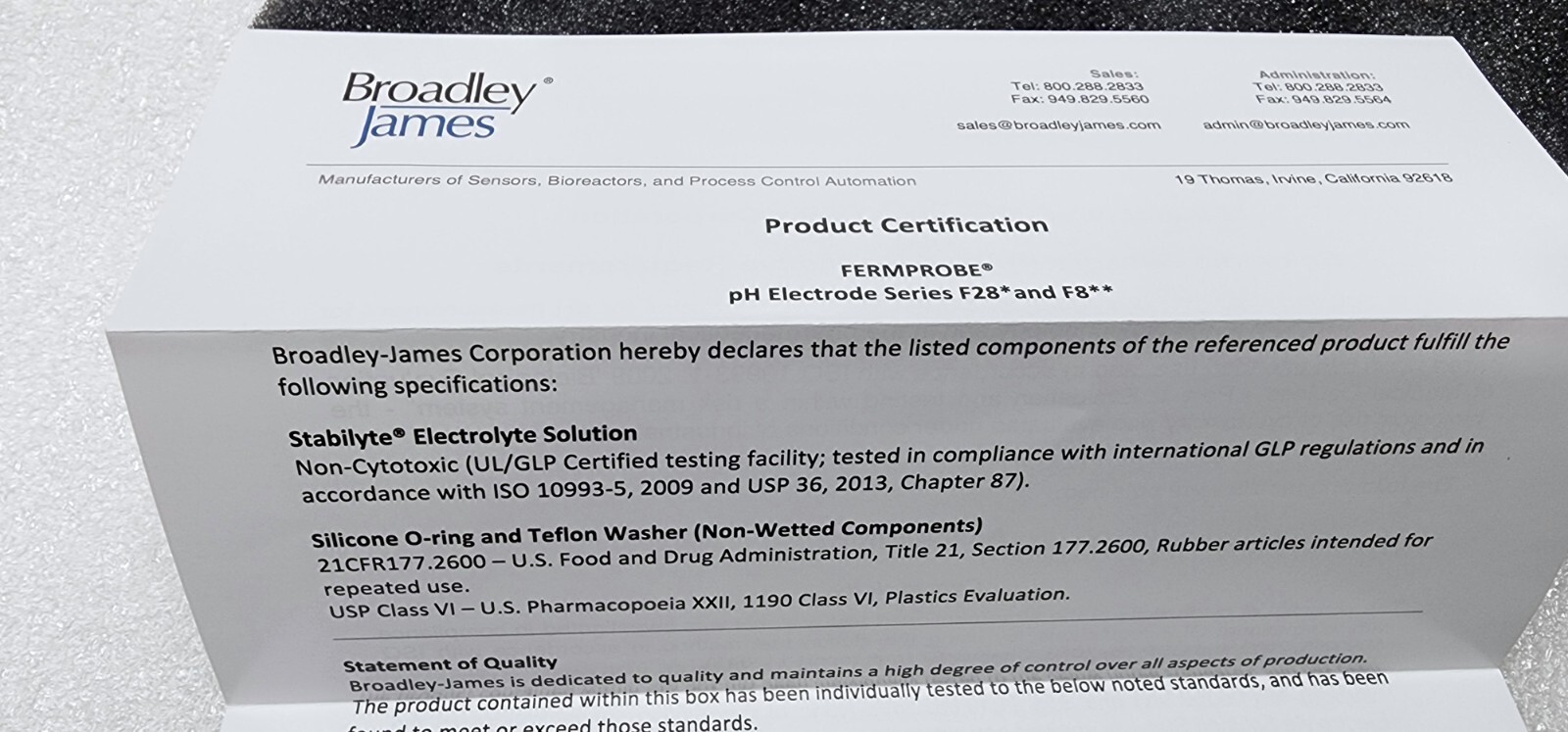 Broadley James F-835 Autoclavable pH Electrode for Bioprocess Applications