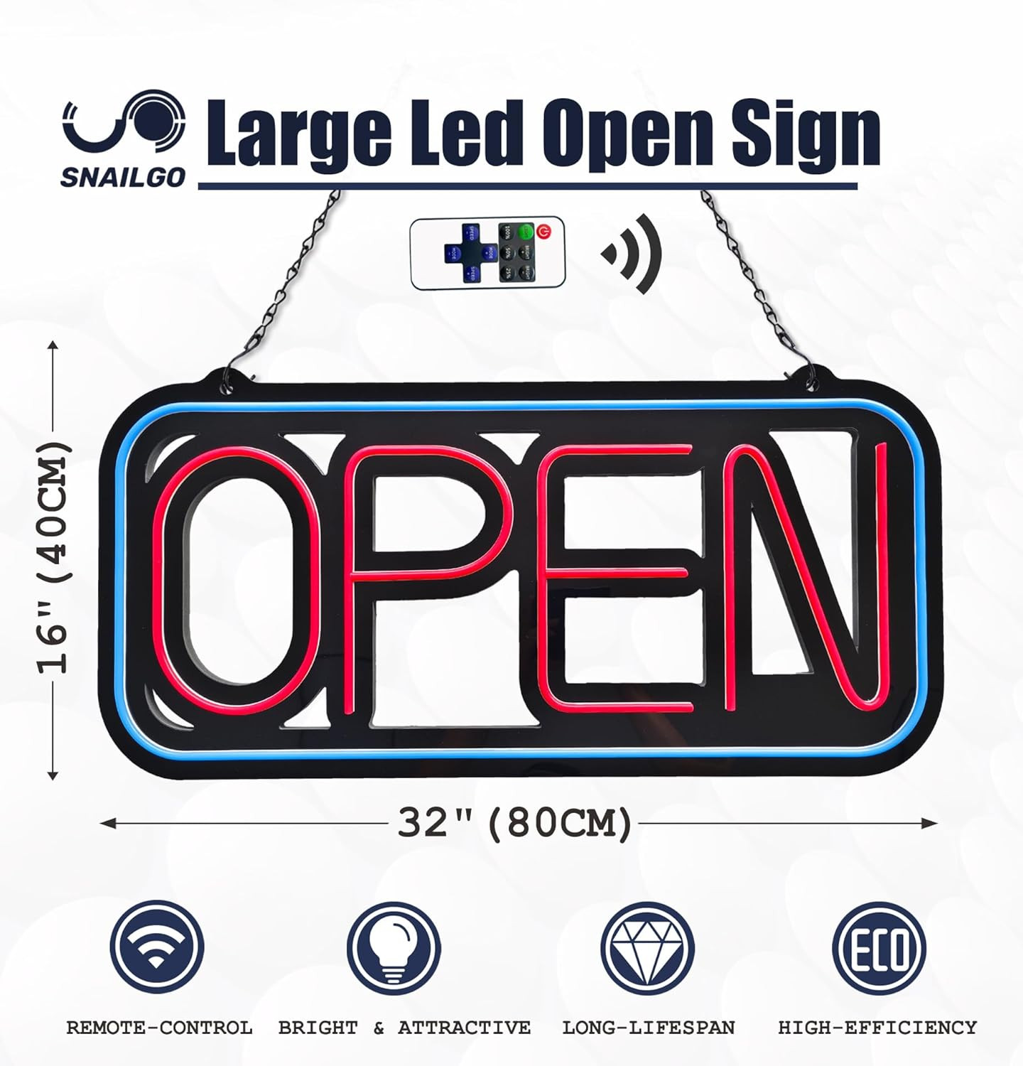 Bright LED Open Sign for Business – 32×16 Inch with Remote & Flashing Mode