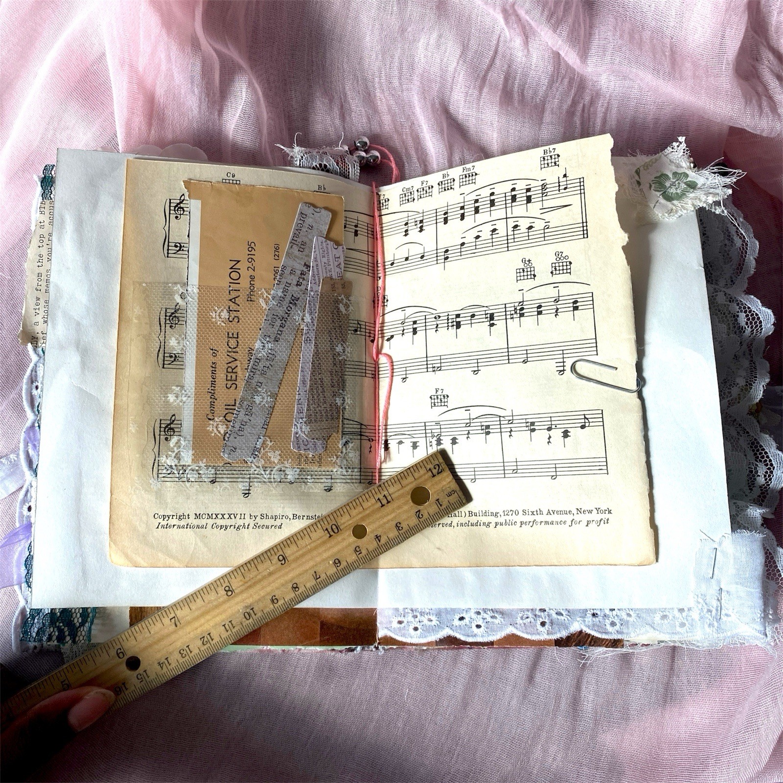 Handmade Vintage Silk Fabric Junk Journal Book Romantic Floral 2 Signatures Lace