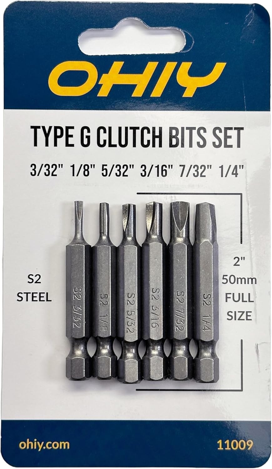Type G Clutch Bits Set Fits Vintage American Cars, S2 Steel, 6 Sizes, 2 in Long,