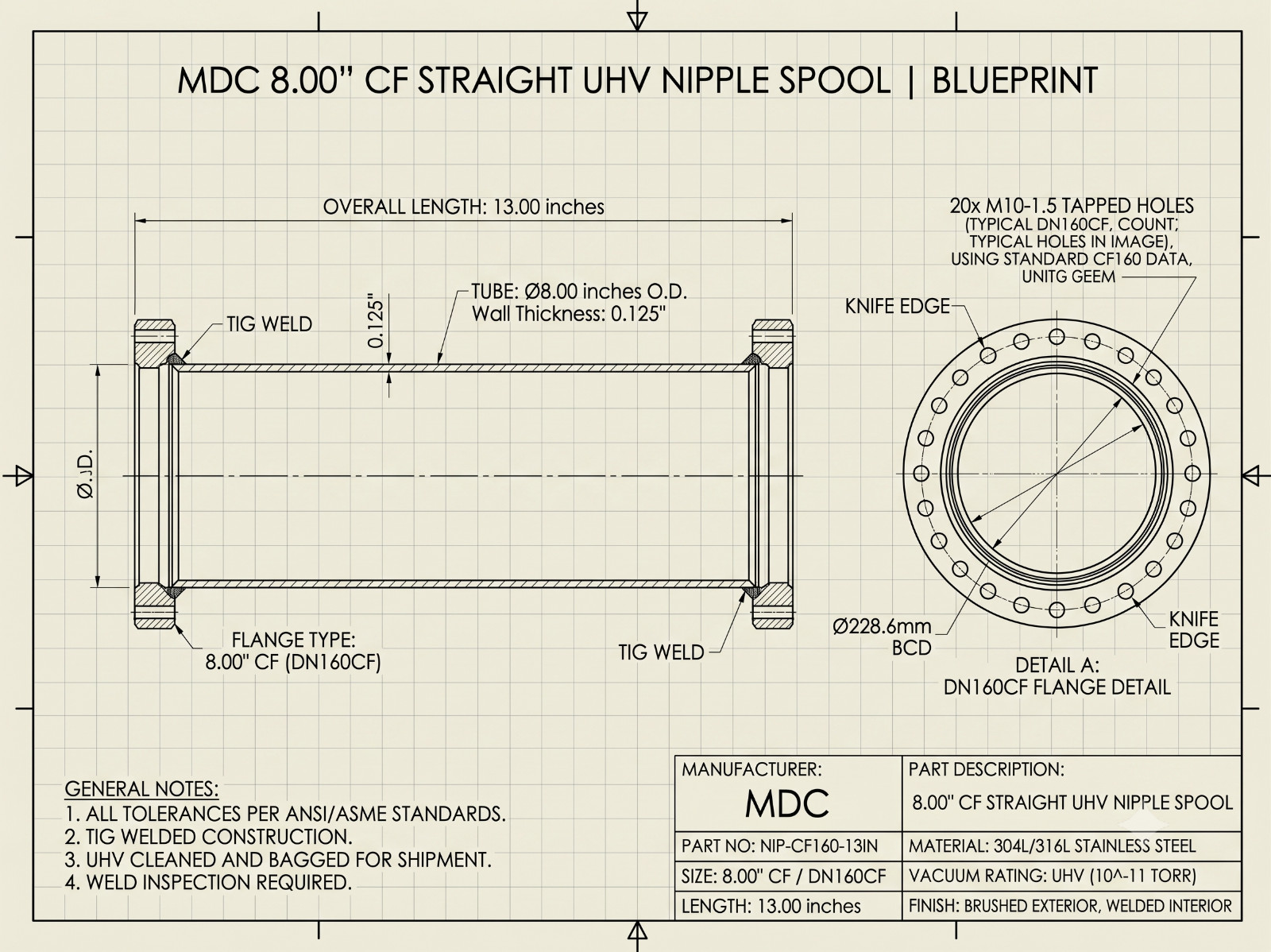 MDC 8.00″ CF Straight UHV Nipple Spool | DN160CF | 13″ Length | Audited Used