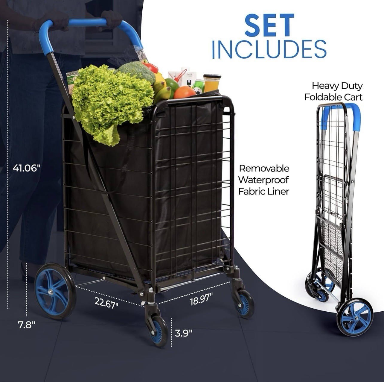 SereneLife Large Folding Utility Shopping Cart with Removable Liner – (Blue)