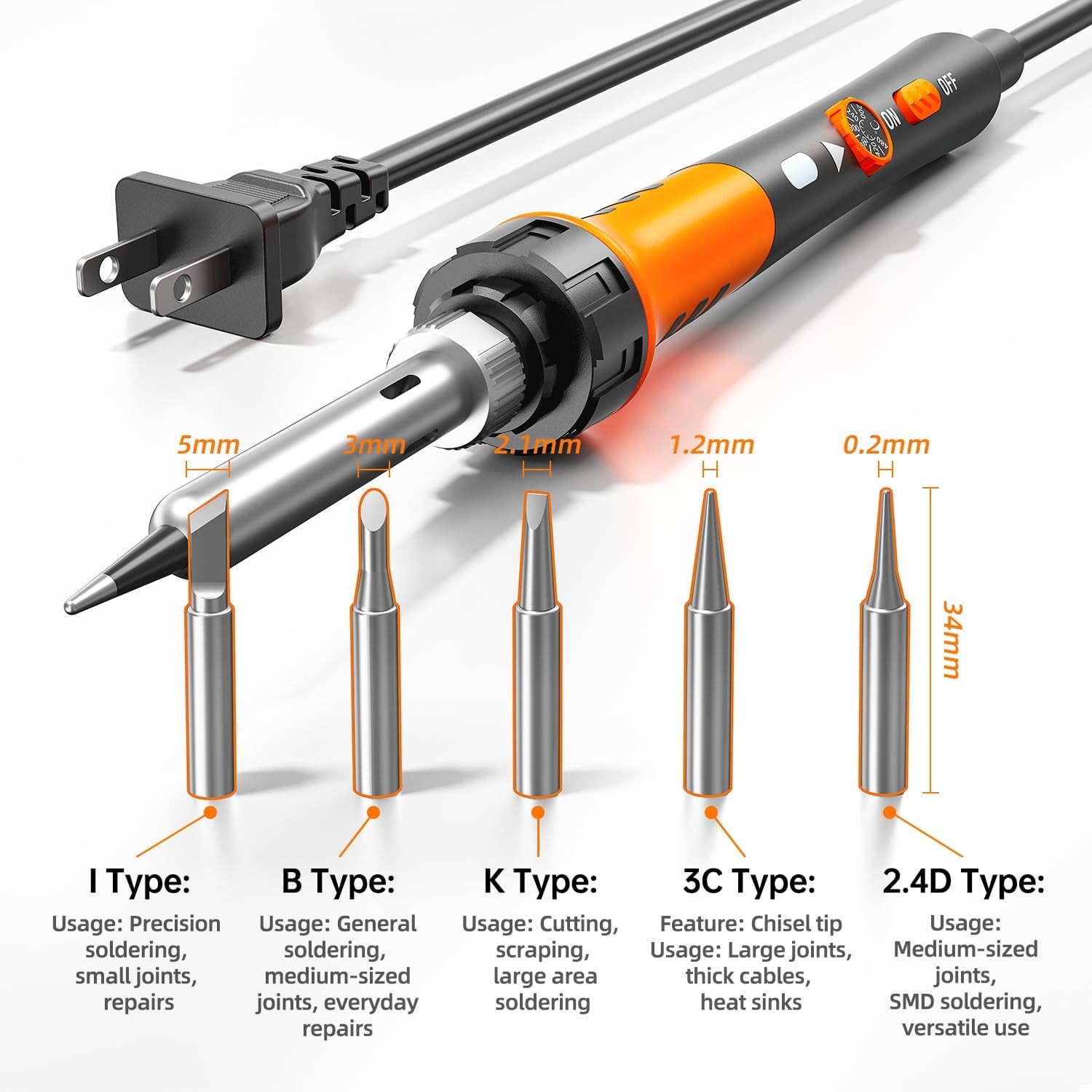 60W Adjustable Temperature Soldering Iron Kit – 9-in-1 With 5 Tips, Orange