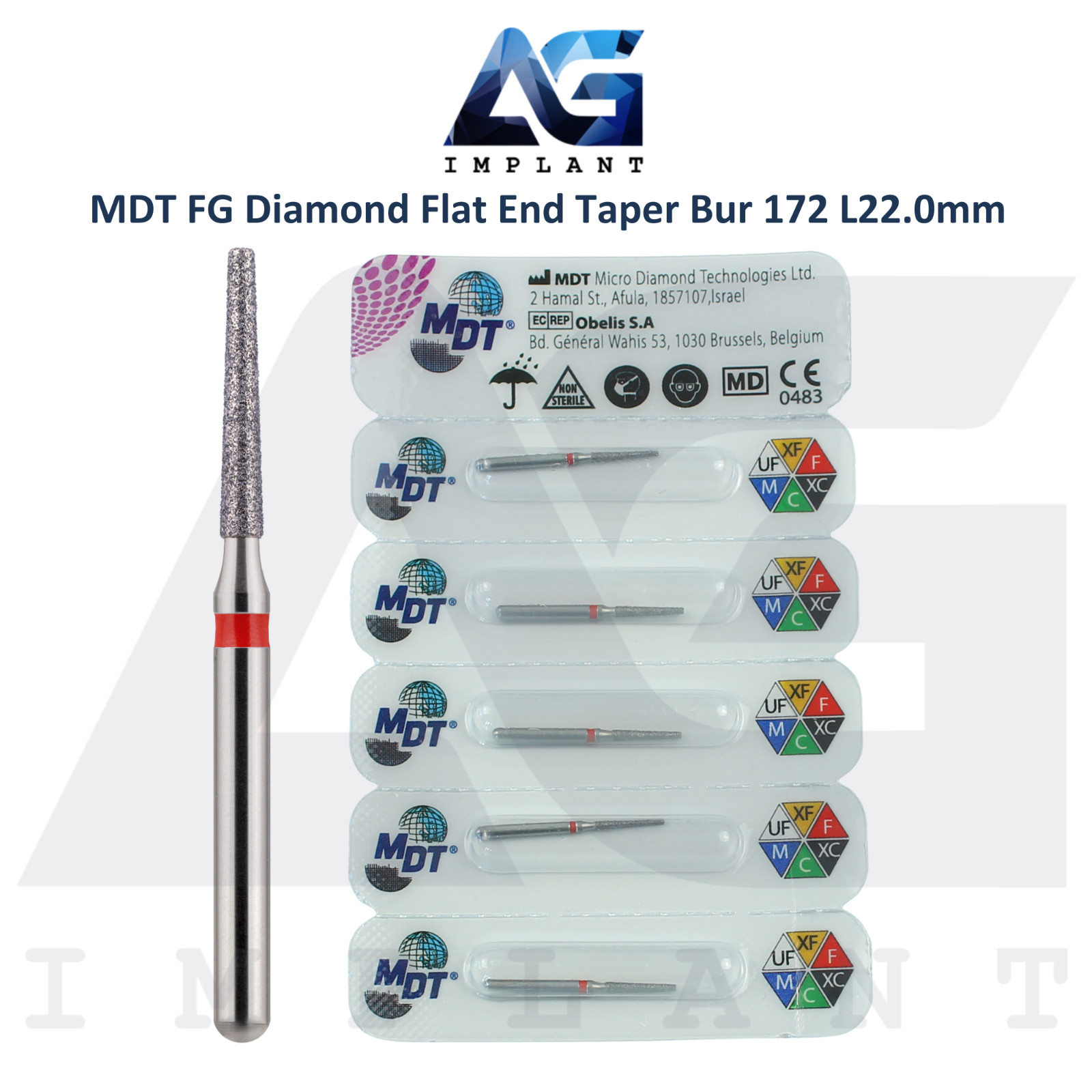 MDT Dental FG Diamond Coated Flat End Taper Burs 172 L22.0mm Crown Preparation